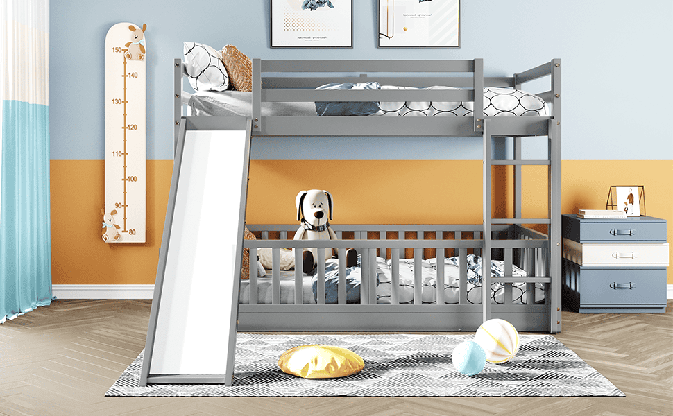 Twin Over Twin Bunk Bed with Slide and Ladder, Gray（Old SKU:LP000009AAE）