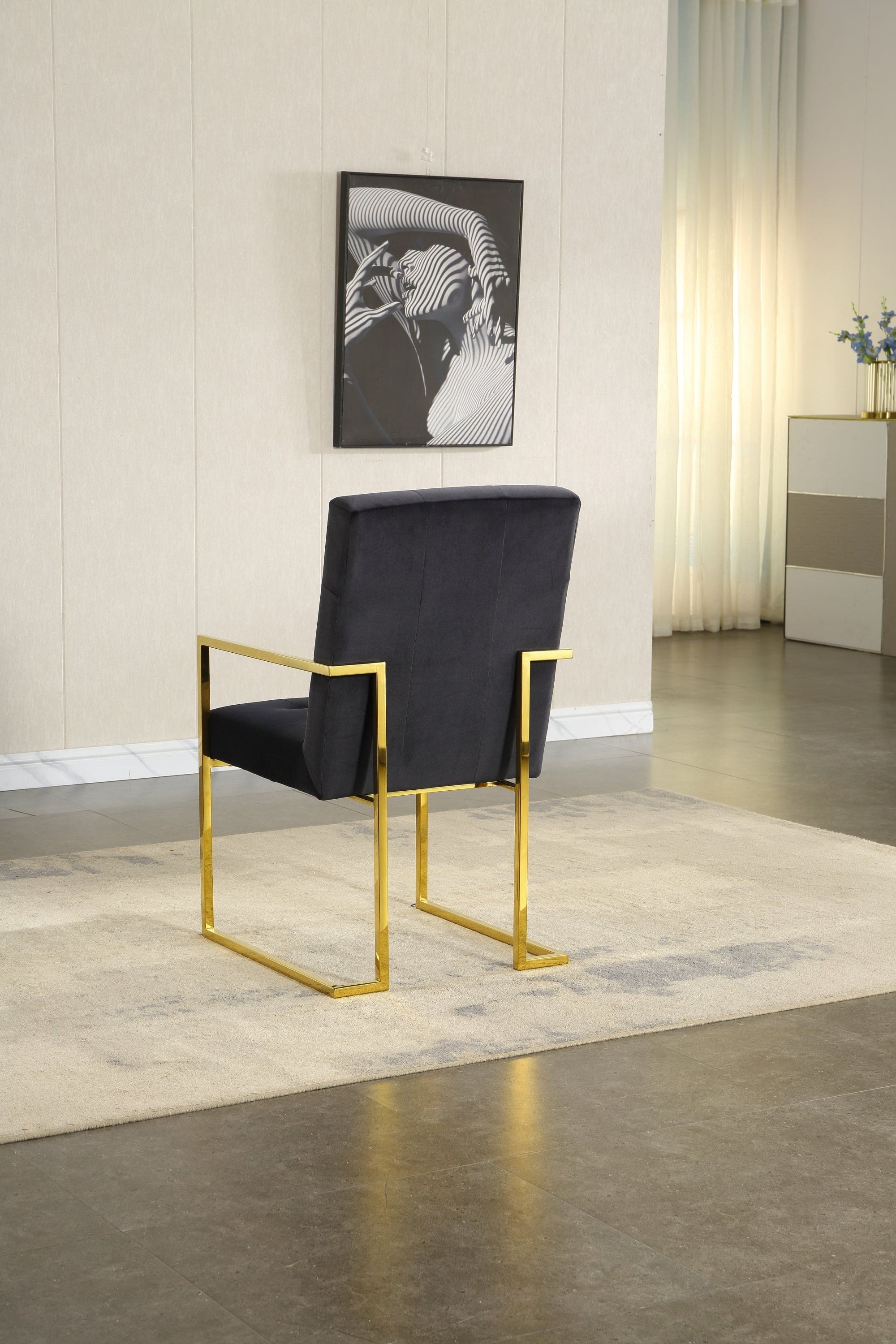 Modern Velvet Dining Arm Chair Set of 1, Tufted Design and Gold Finish Stainless Base