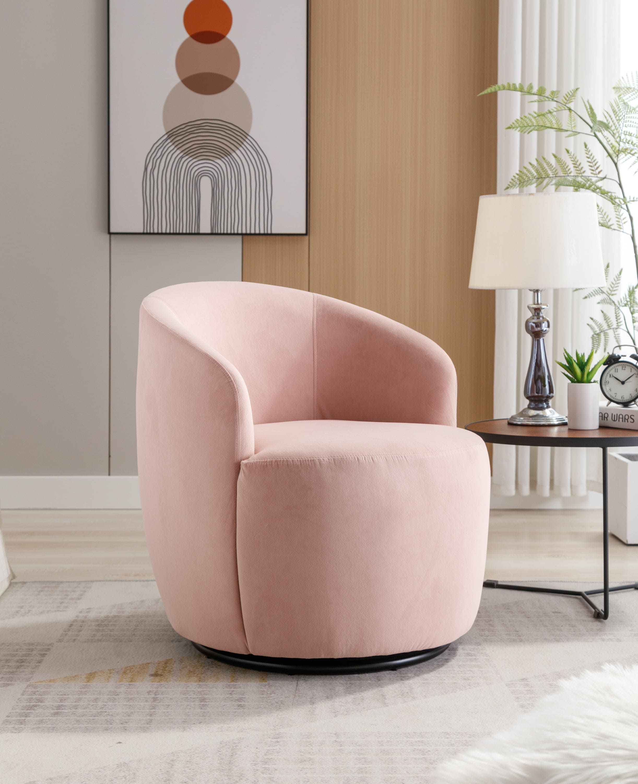 Velvet Fabric Swivel Accent Armchair Barrel Chair With Black Powder Coating Metal Ring,Pink