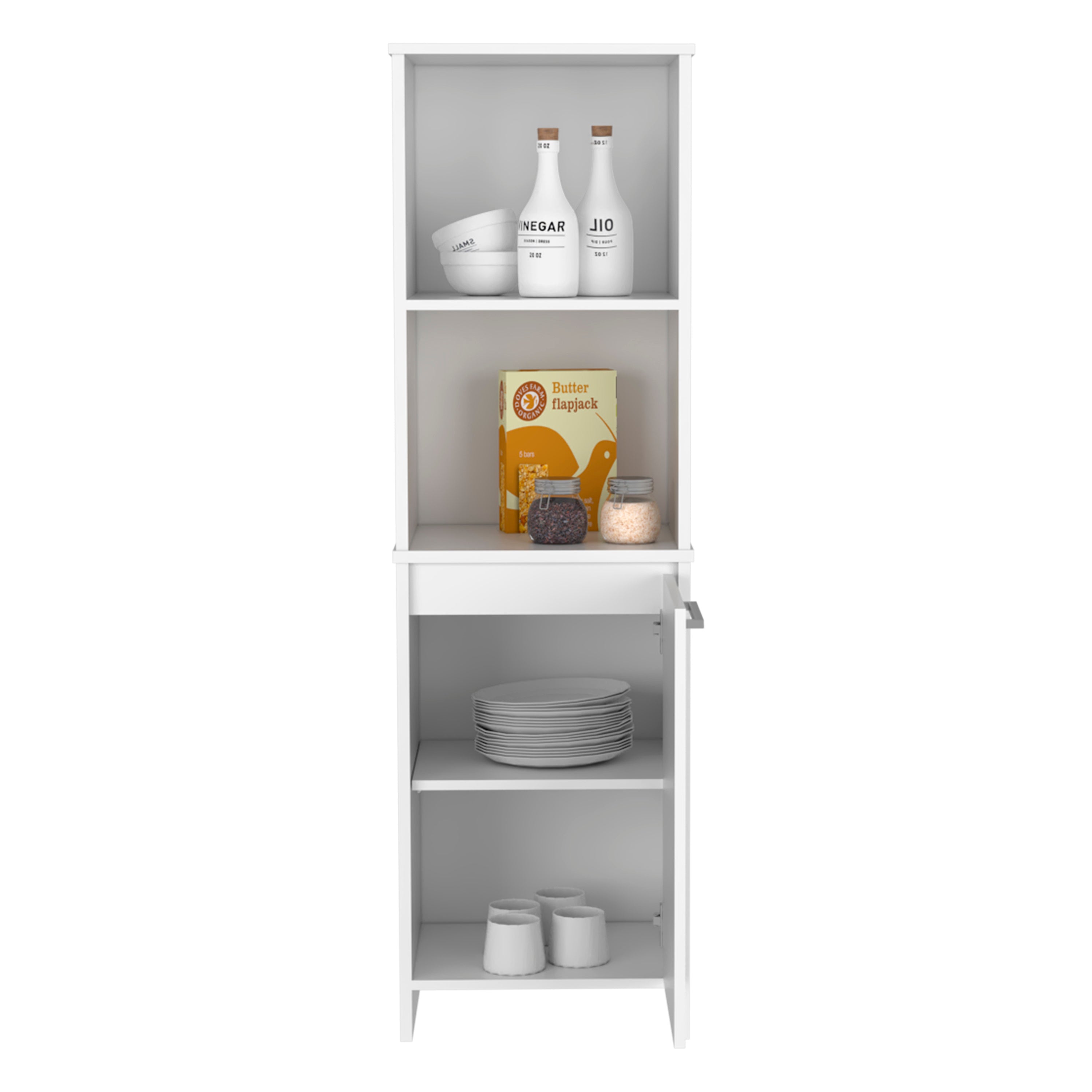 Kitchen Pantry Feery, Single Door Cabinet, Interior and External Shelves, White Finish