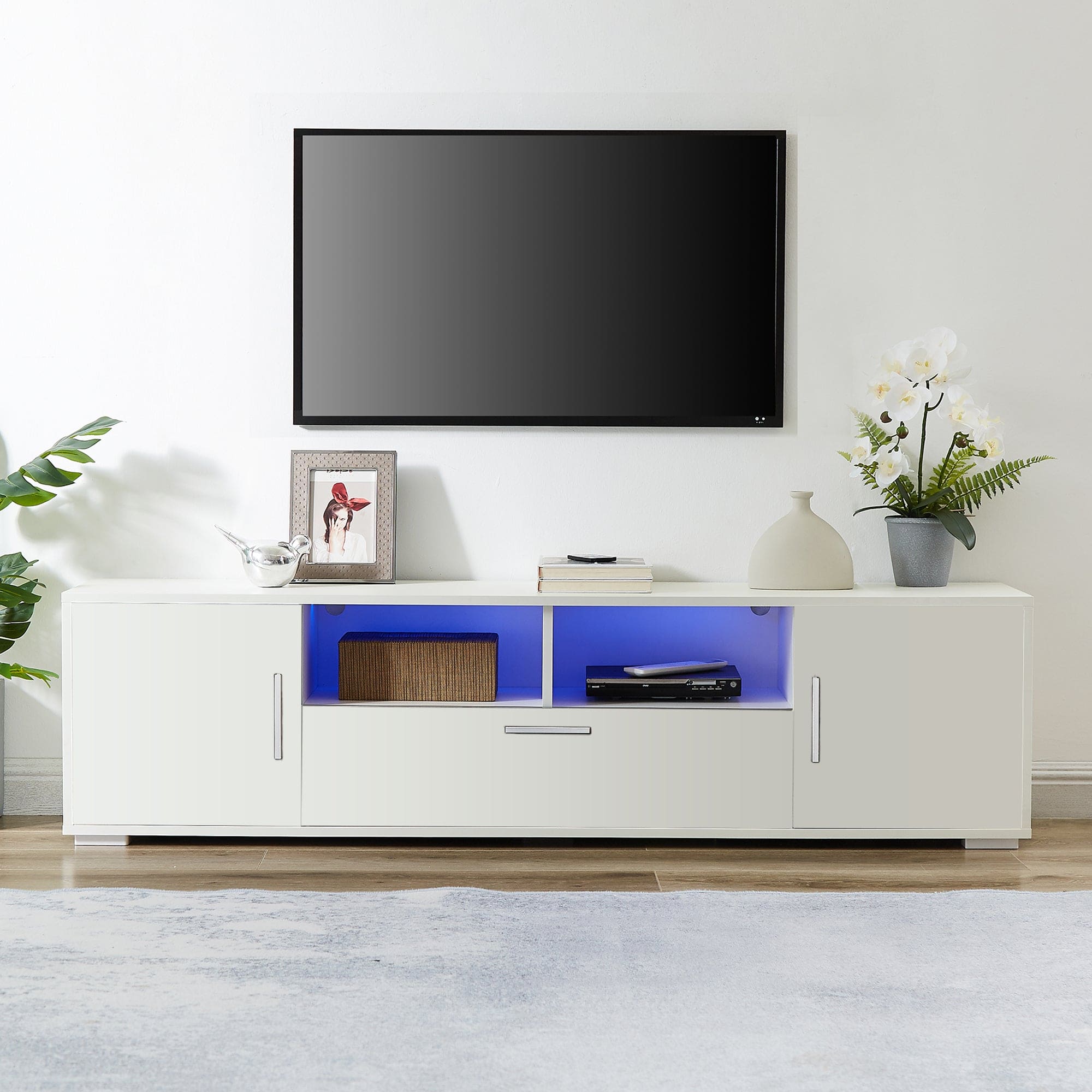 QuickassembleFashionTVstand,TVCabinet,entertainment center TV station,TVconsole,console with LED light belt, light belt can be remote control,with cabinets,open cells,for the living room,bedroom,white