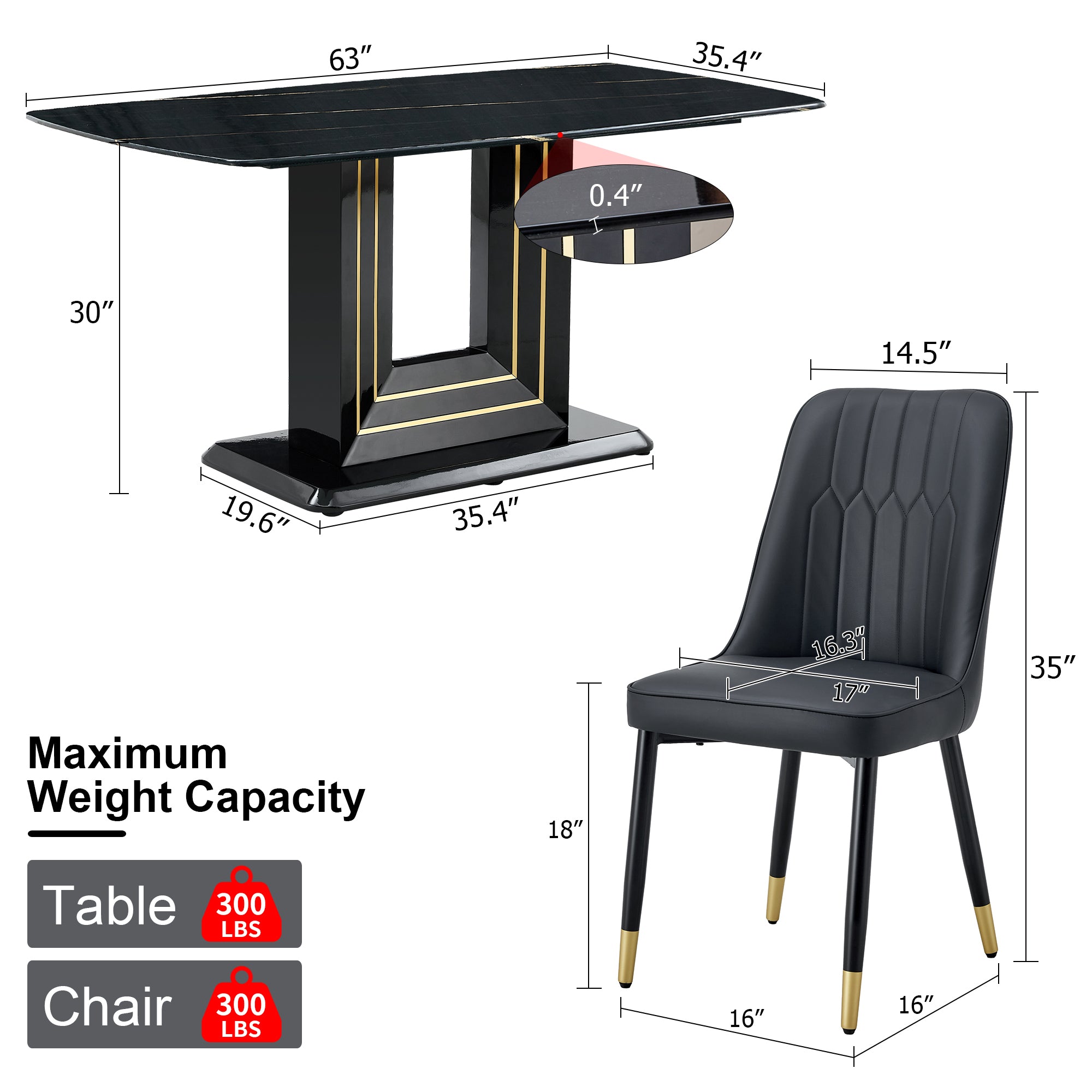 1 table and 4 black chairs. The table features a black imitation marble pattern desktop and black gold MDF legs. Pair with 4 black PU chairs. F-SQ C-007