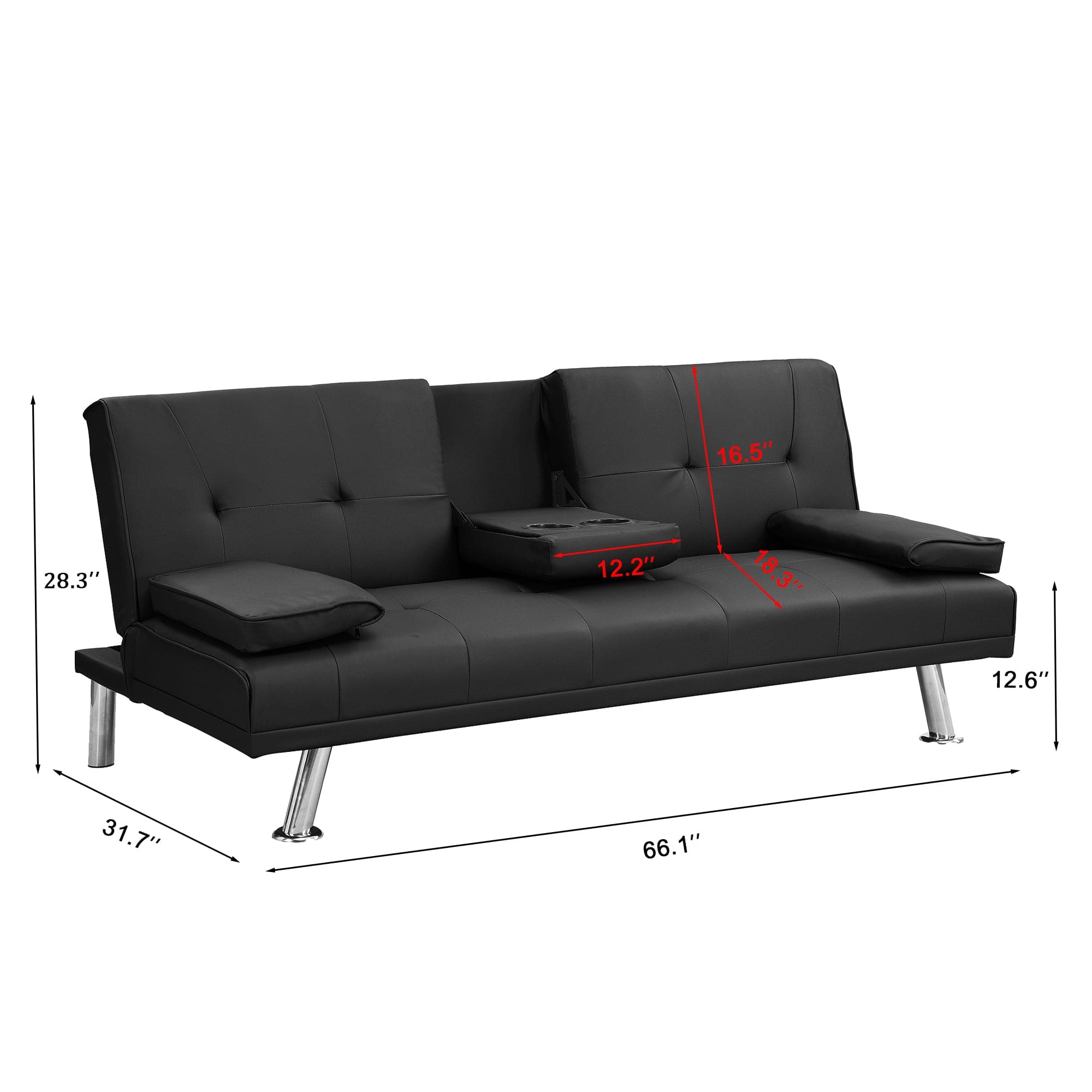 sofa bed with Armrest two holders  WOOD FRAME, STAINLESS LEG, FUTON BLACK  PVC