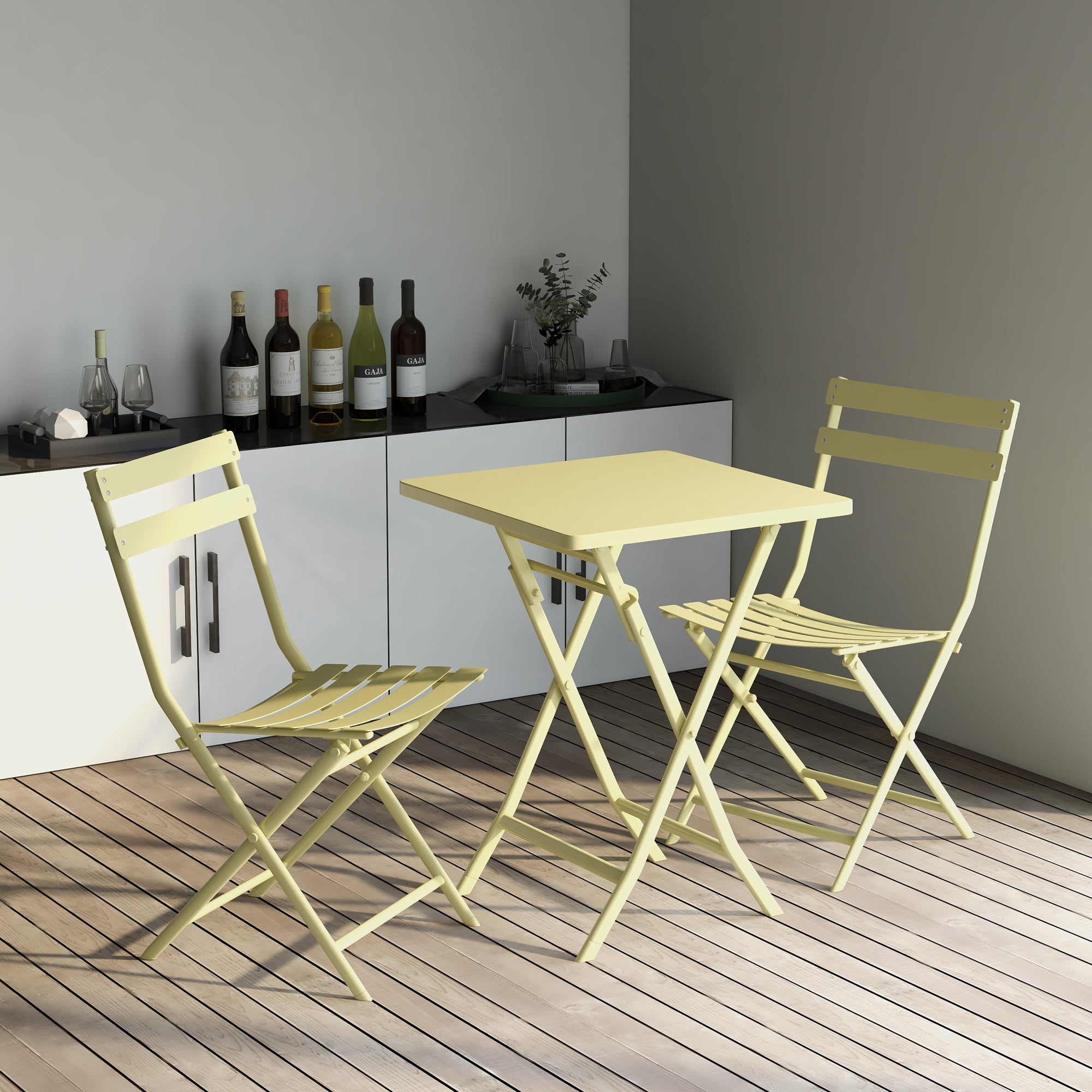 3 Piece Patio Bistro Set of Foldable Square Table and Chairs, Yellow