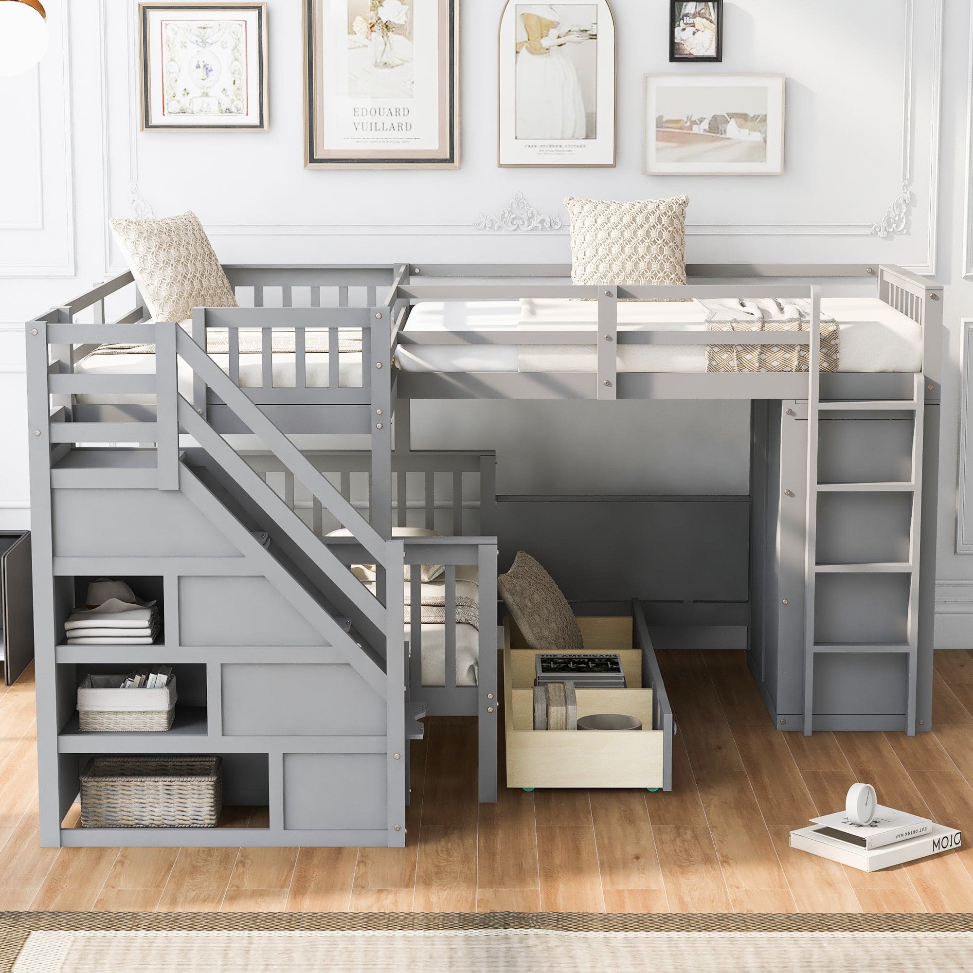 Twin-Twin over Full L-Shaped Bunk Bed With 3 Drawers, Portable Desk and Wardrobe, Gray