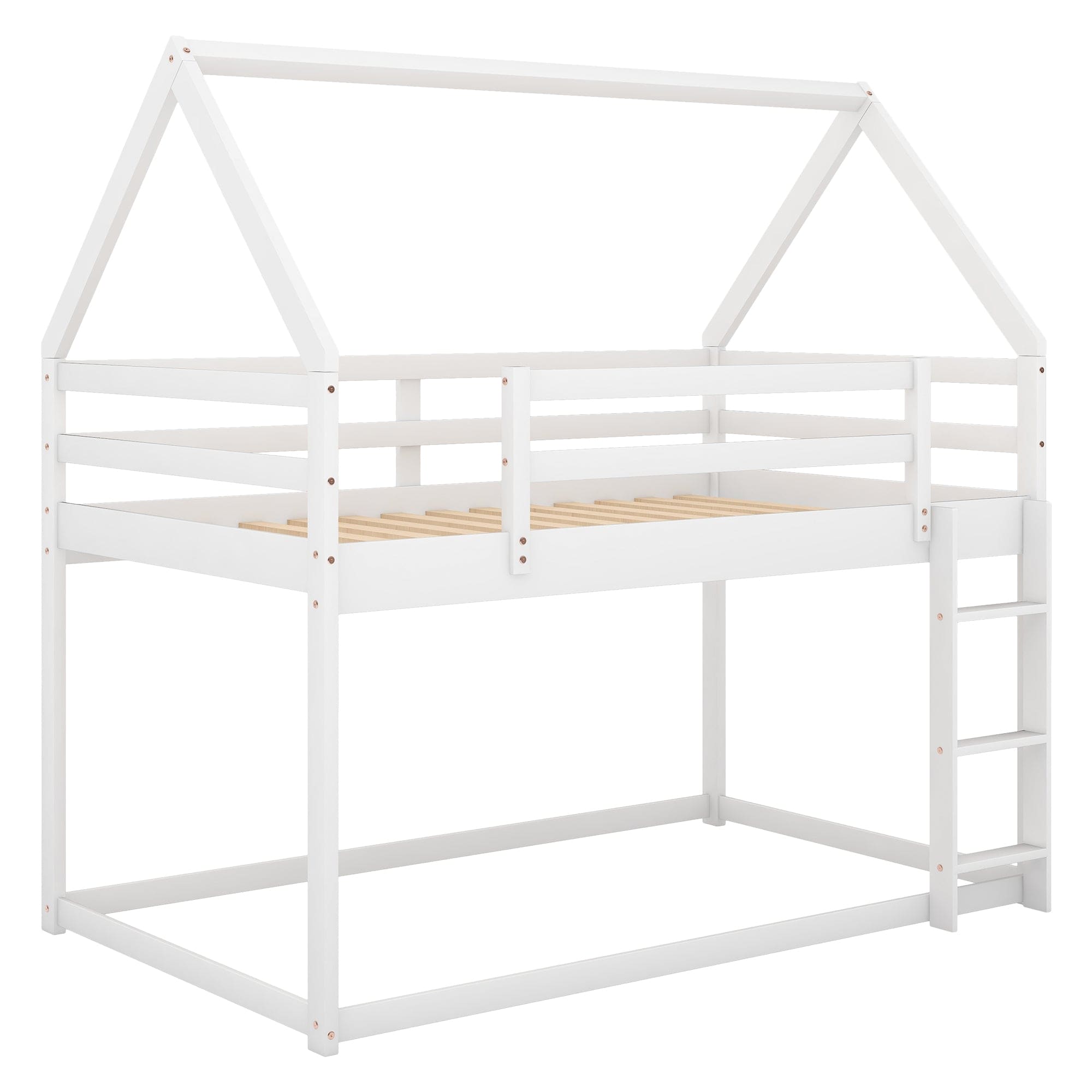 Twin over Twin Low Bunk Bed, House Bed with Ladder , White(OLD SKU:WF197808AAK)