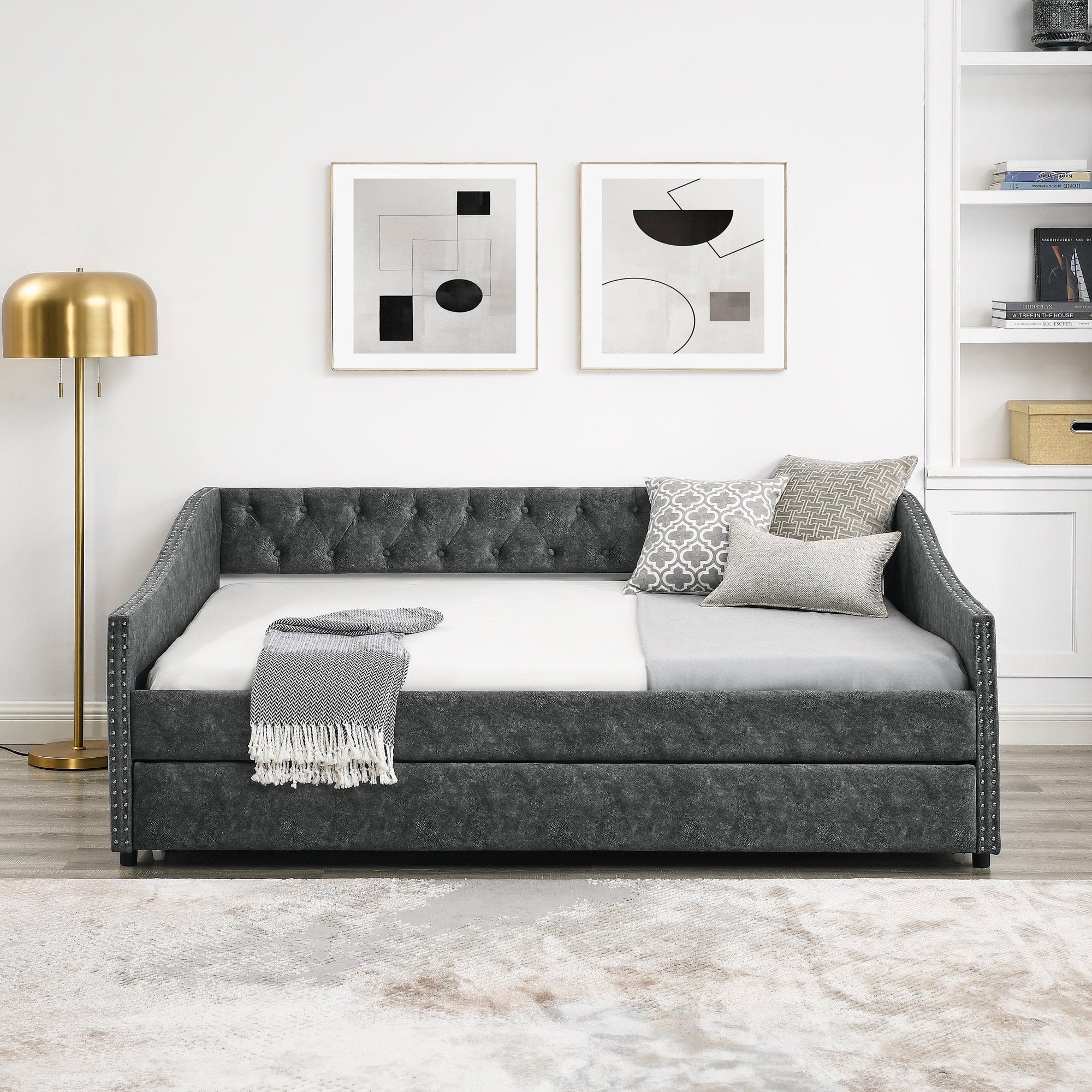 Full Size Daybed with Twin Size Trundle Upholstered Tufted Sofa Bed, with Button on Back and Copper Nail on Waved Shape Arms,Grey (80.5"x55.5"x27.5")