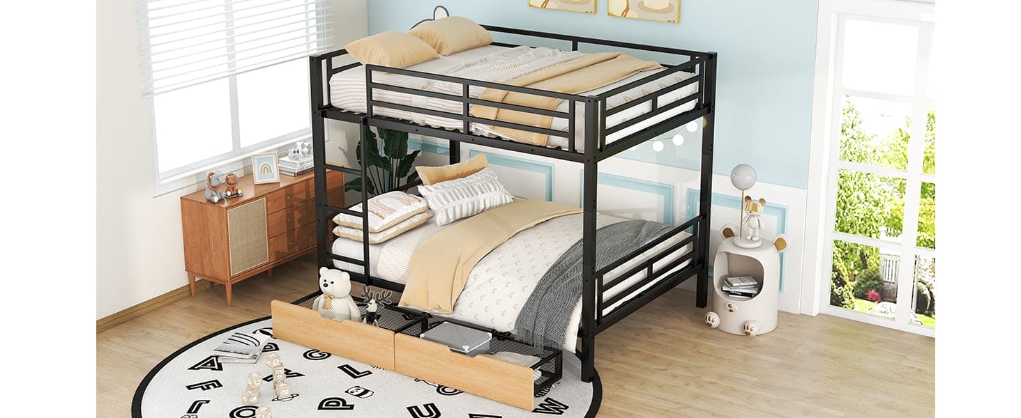 Metal Full Size Convertible Bunk Bed with 2 Drawers, Black