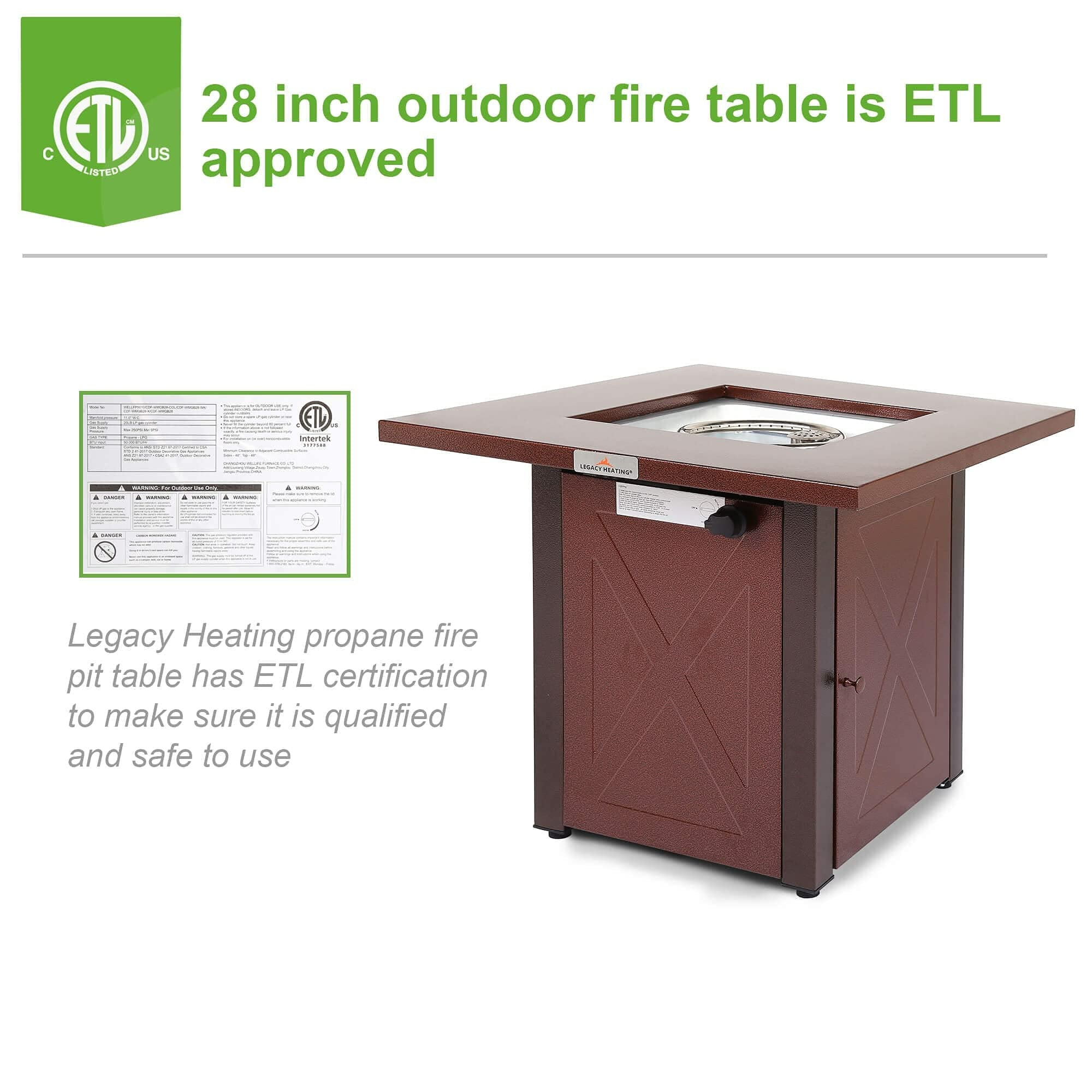 28" 50000 BTU Outdoor Propane Gas Fire Pits Table, Square Brown Texture Outdside Patio Firepits Fireplace Dinning Coffee Tables with Lid & Lava Rock, ETL-Certified, Fit for Courtyard, Patio, Balcony