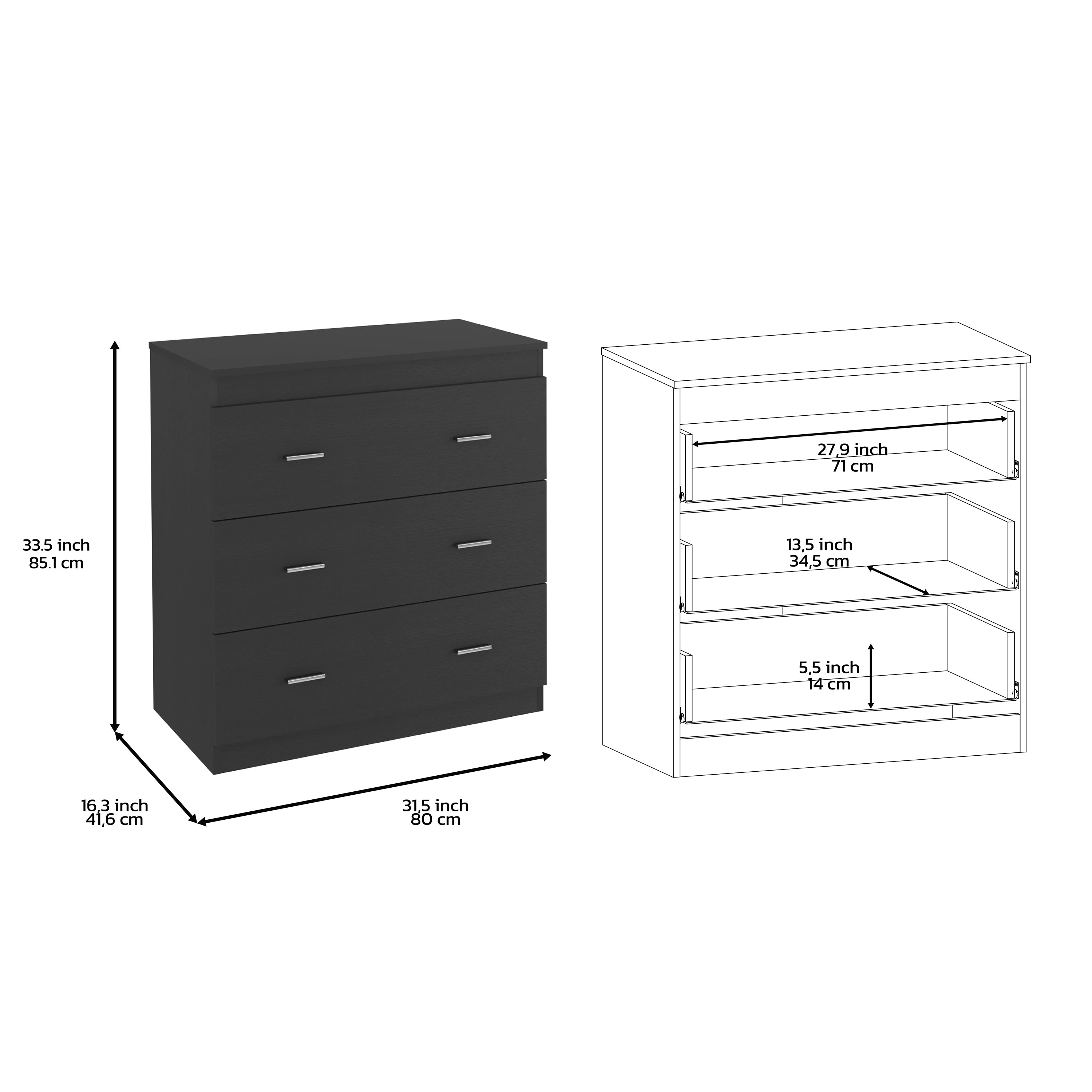 Three Drawer Dresser Litress, Metal Handles, Black Wengue Finish