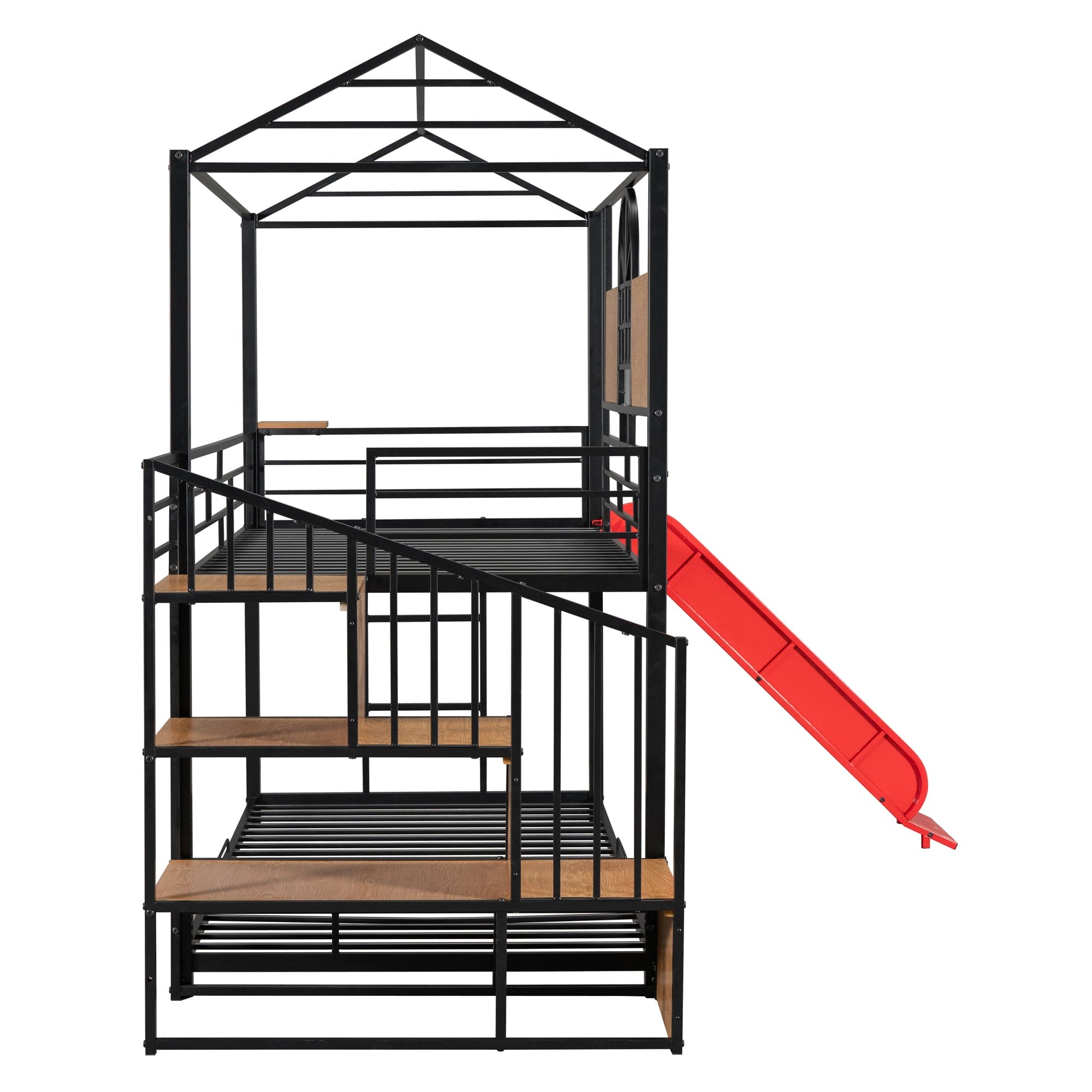 Twin Over Twin Metal Bunk Bed, Metal Housebed with Slide and Storage Stair, Black with Red Slide