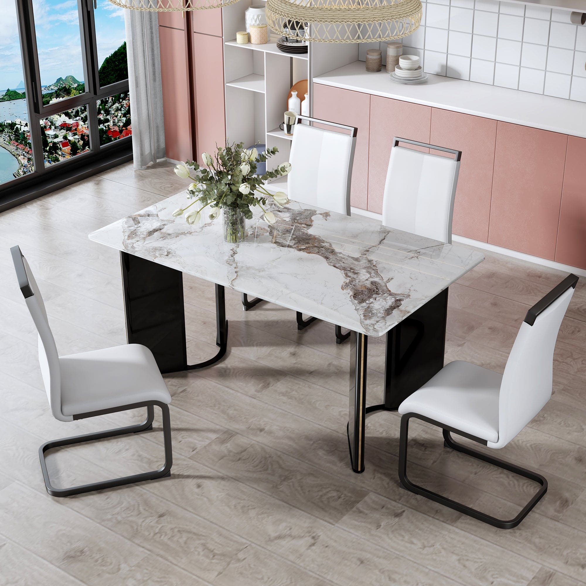 Table and chair set. A white imitation marble desktop with MDF legs and gold metal decorative strips. Paired with 4 dining chairs with white backrest and black metal legs.F-HH C-1162