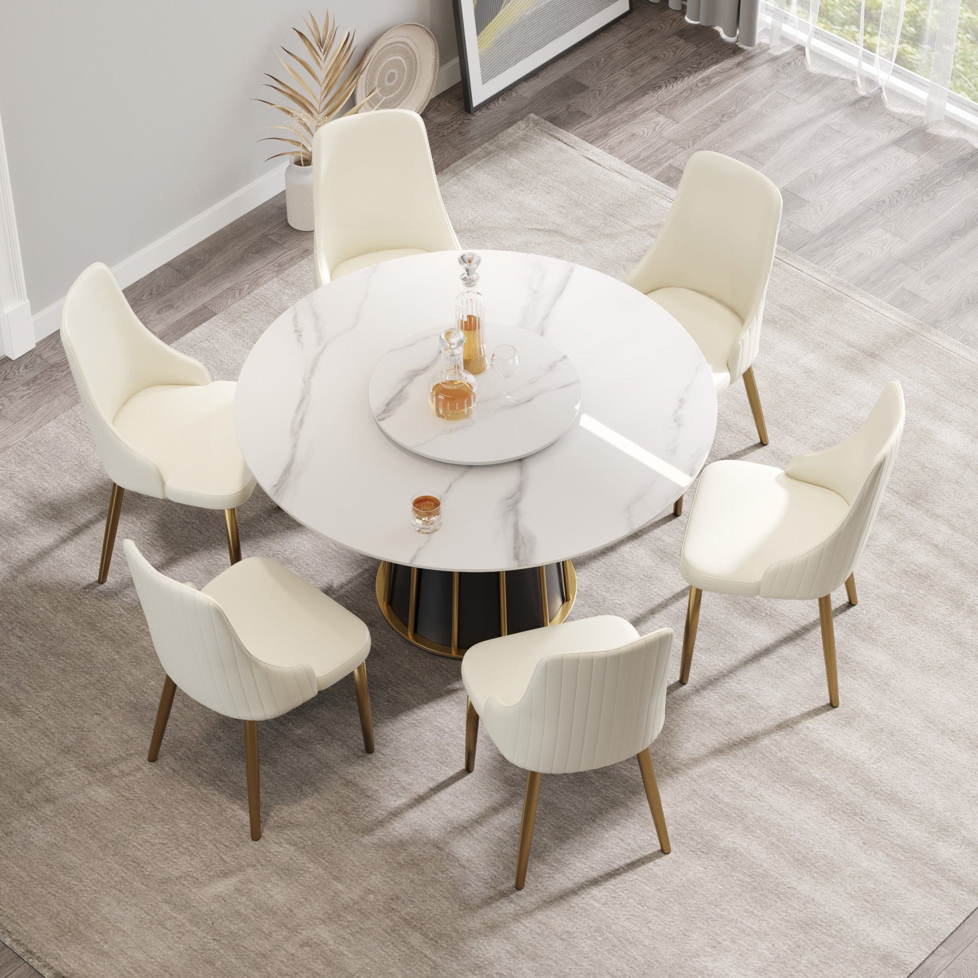 53.15"modern artificial stone round white panel metal iron base dining table-can accommodate 6 people-23.62"white artificial stone turntable(Not including chairs)