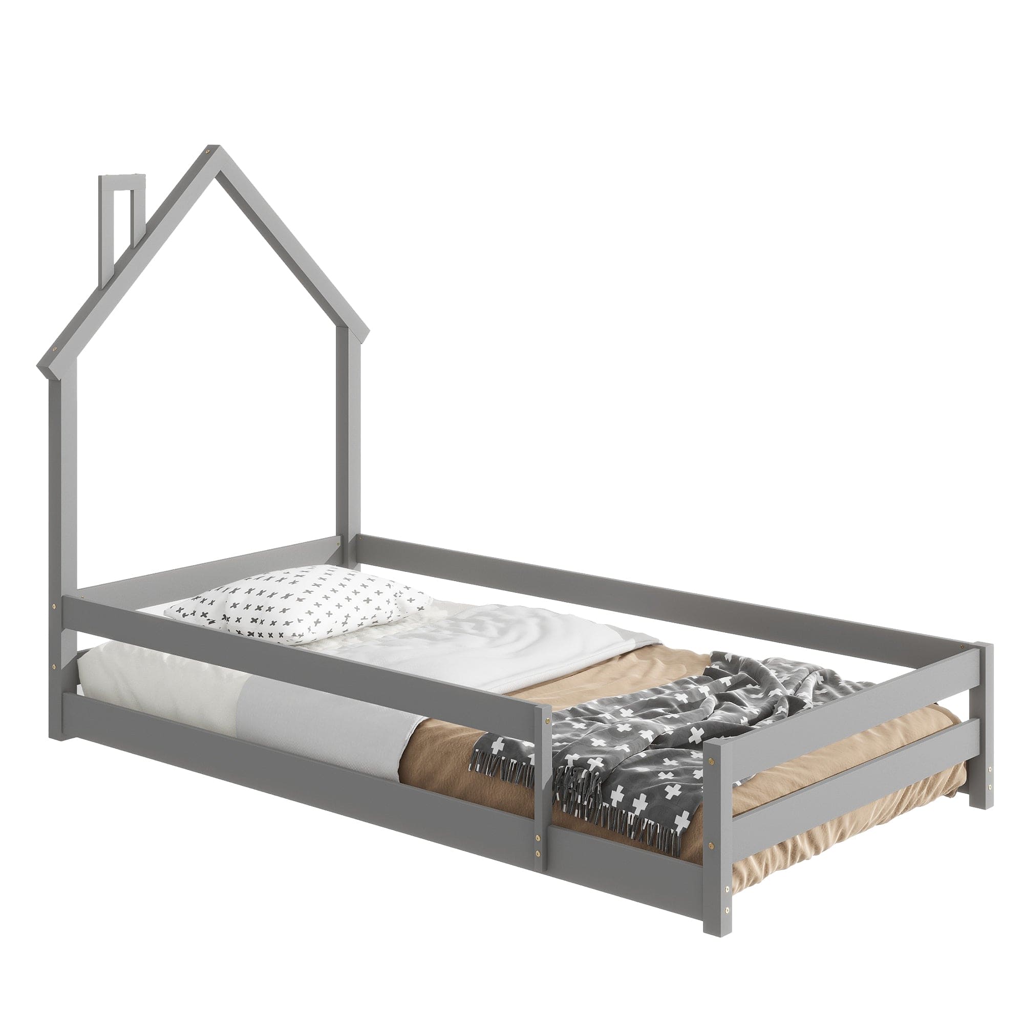 Twin Size Wood bed with House-shaped Headboard Floor bed with Fences,Grey