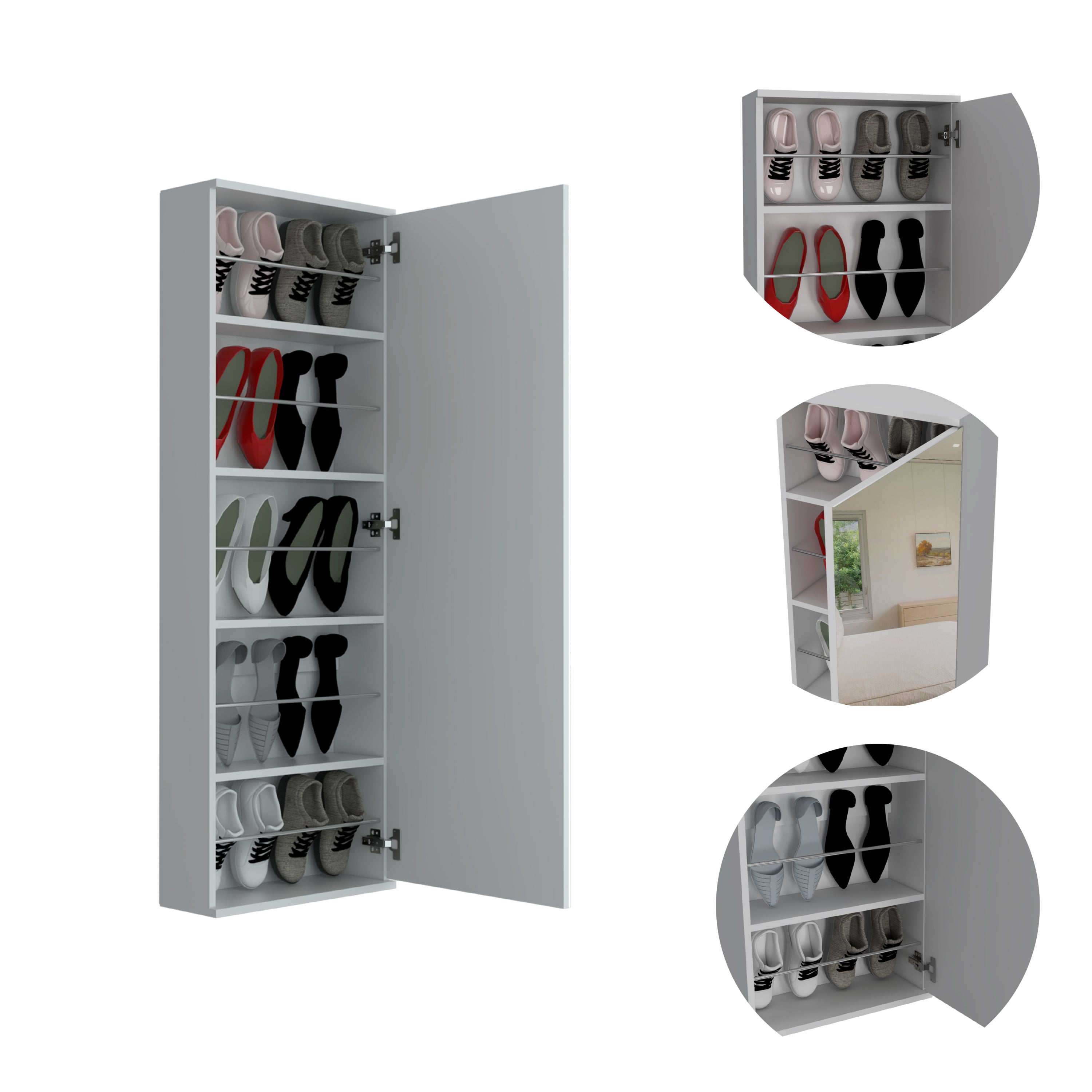 Leto Wall Mounted Shoe Rack With Mirror, Single Door, Capacity For Ten Shoes -White