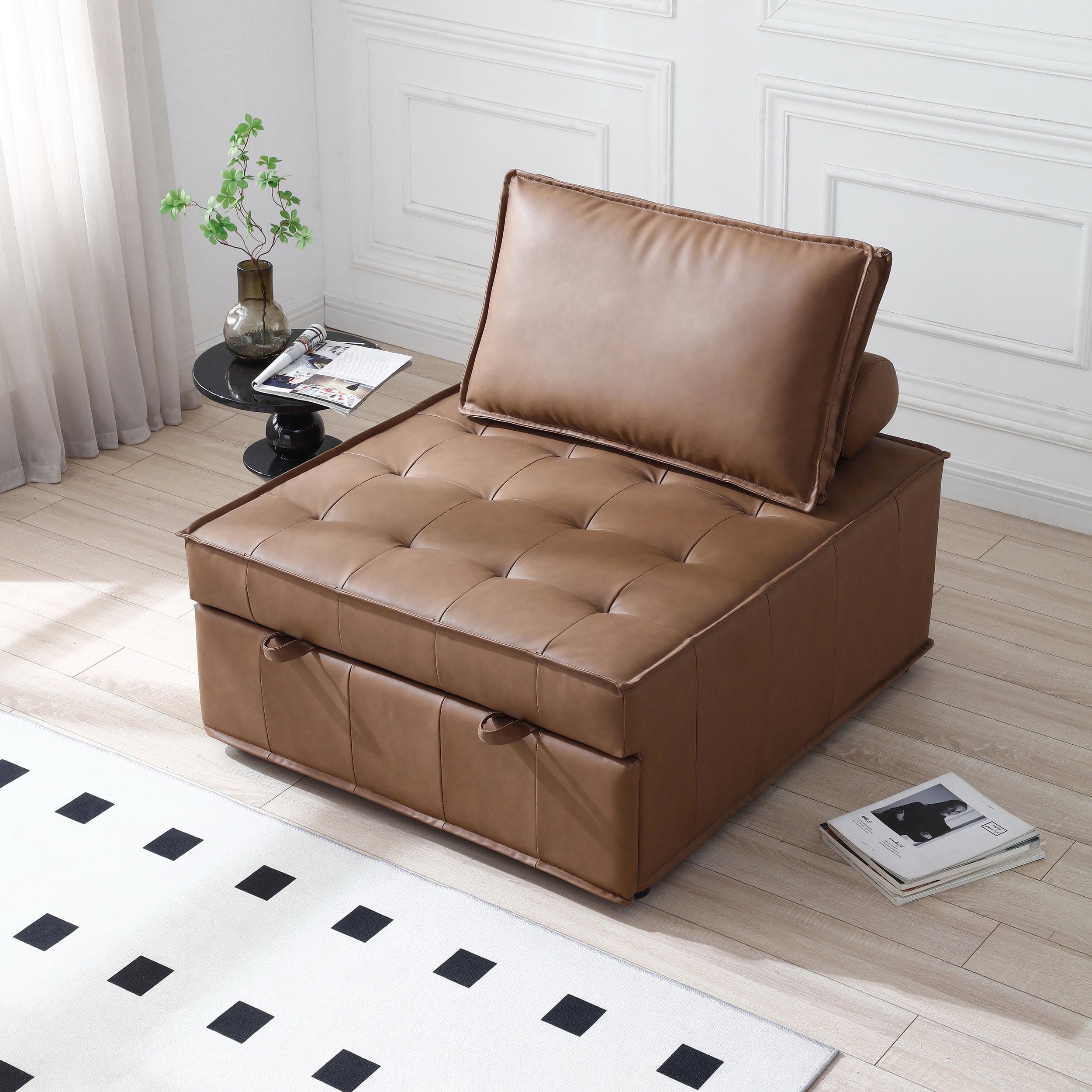 Multipurpose Faux Leather Ottoman Lazy Sofa Pulling Out Sofa Bed (Brown)