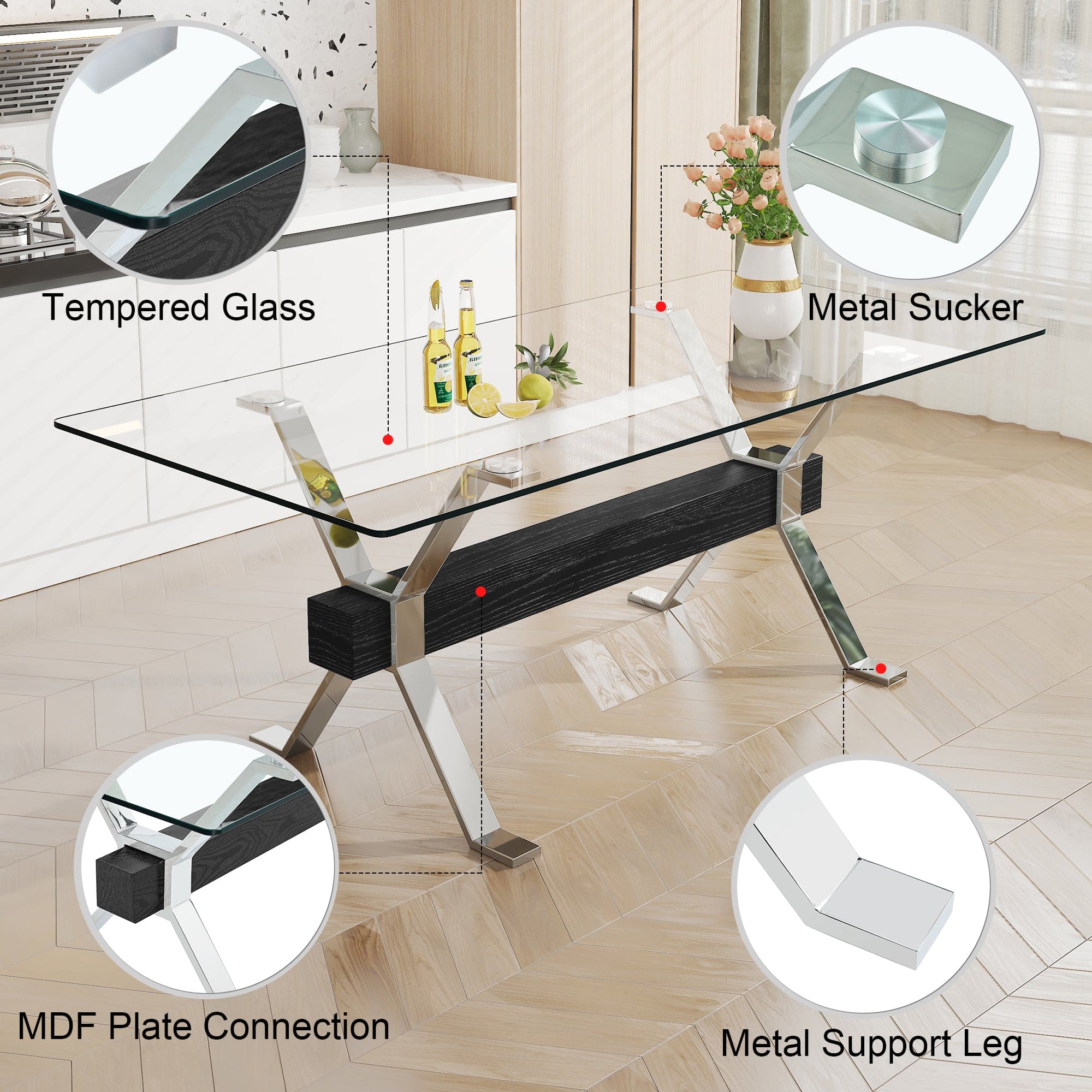 Dining table. Modern tempered glass dining table. Large modern office desk with silver plated metal legs and MDF crossbars, suitable for both home and office use. Kitchen. 79 ''x39''x30 '' 1105