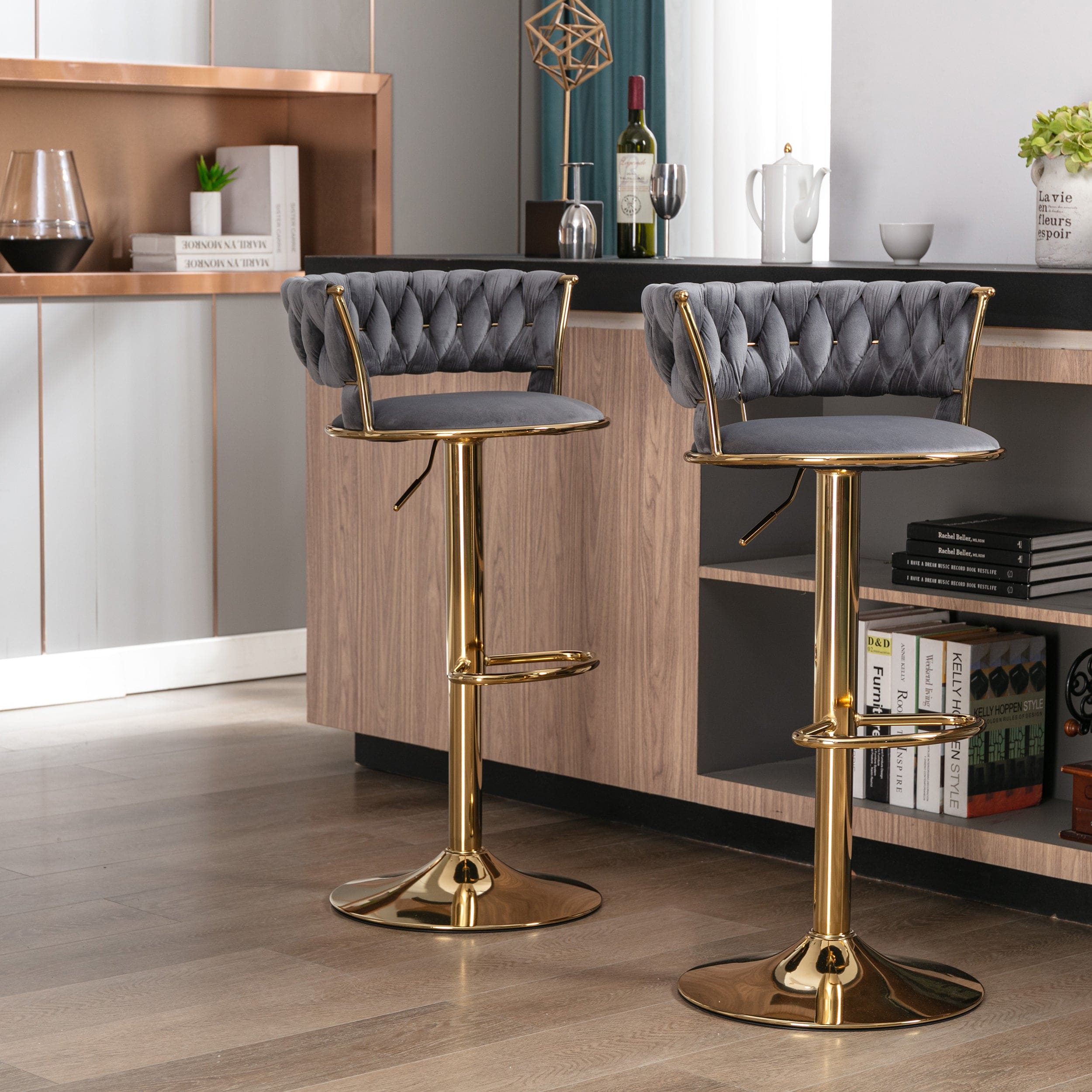 Set of 2  Bar Stools,with Chrome Footrest and Base Swivel Height Adjustable Mechanical Lifting Velvet + Golden Leg Simple Bar Stool-gray