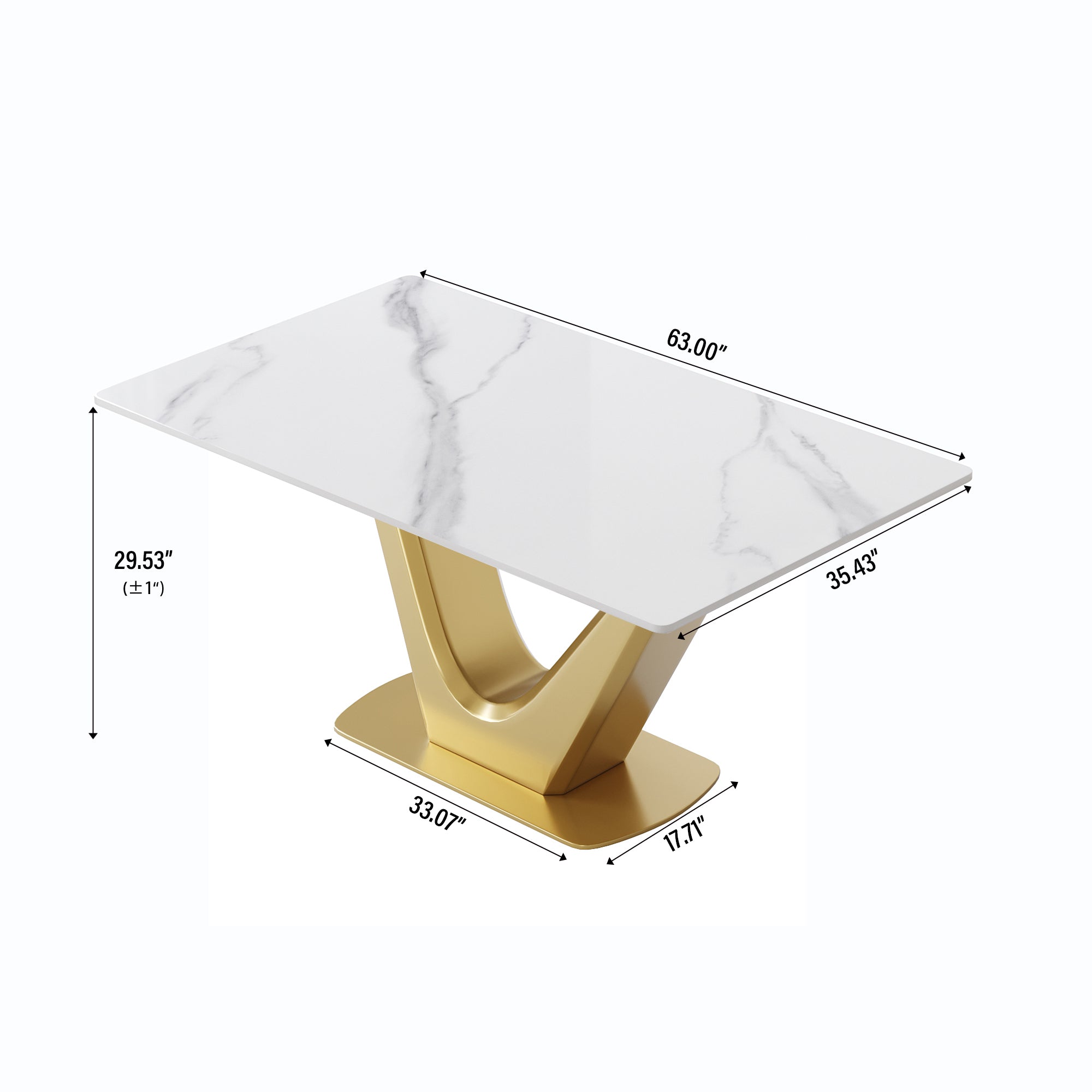 63 "modern artificial stone white panel golden V-shaped metal legs-can accommodate 6-8 people.