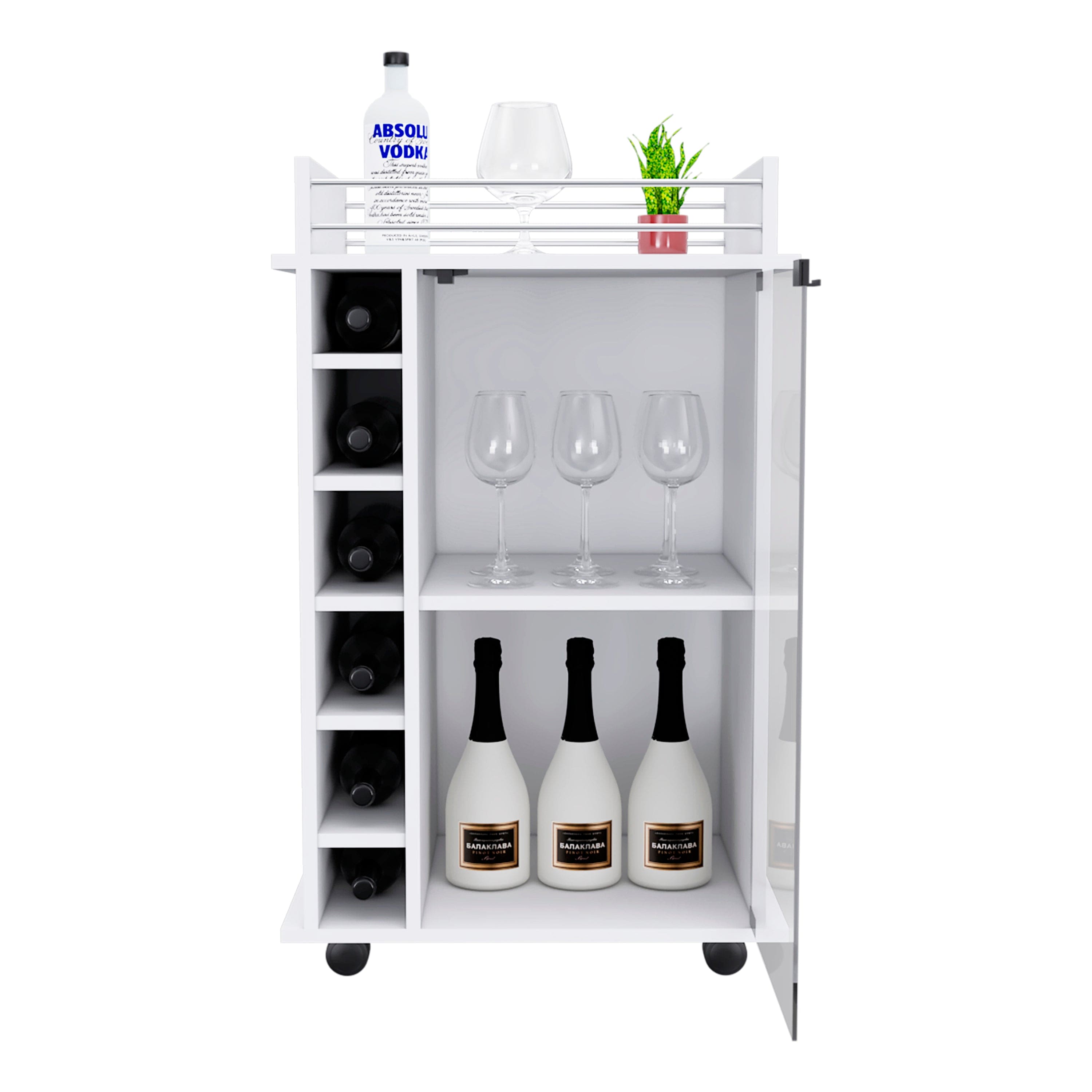 Bar Cart Baltimore, Six Wine Cubbies, Glass Door, Four Caster, Two Shelves, White Finish