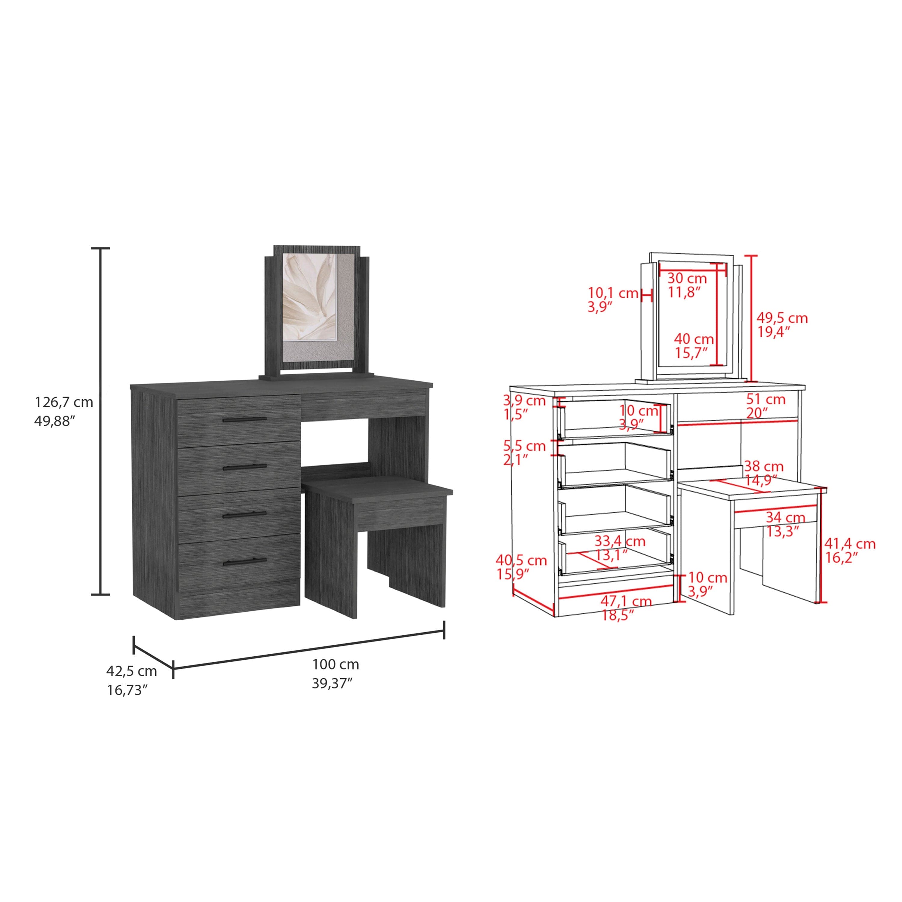 Kaia Makeup Vanity, Four Drawers, One Mirror, Stool -Smokey Oak