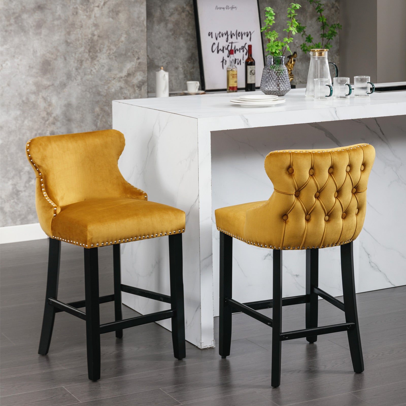 Contemporary Velvet Upholstered Wing-Back Barstools with Button Tufted Decoration and Wooden Legs, and Chrome Nailhead Trim, Leisure Style Bar Chairs,Bar stools,Set of 4 (Gold),SW1824GLx2 cartons