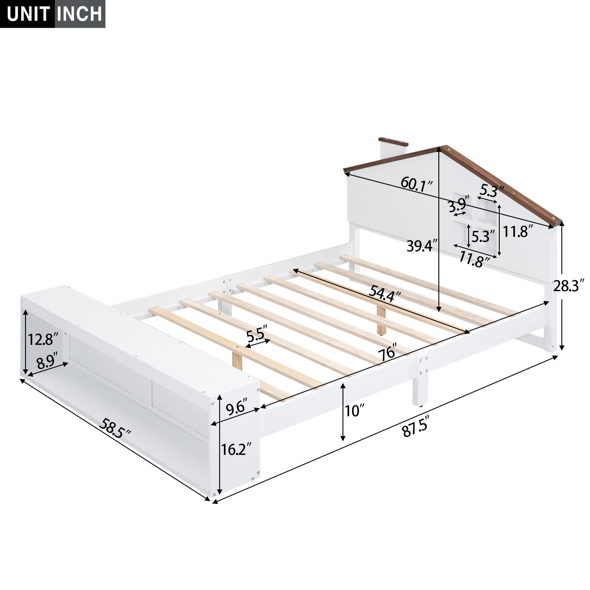 Full Size House Platform Bed with LED Lights and Storage, White