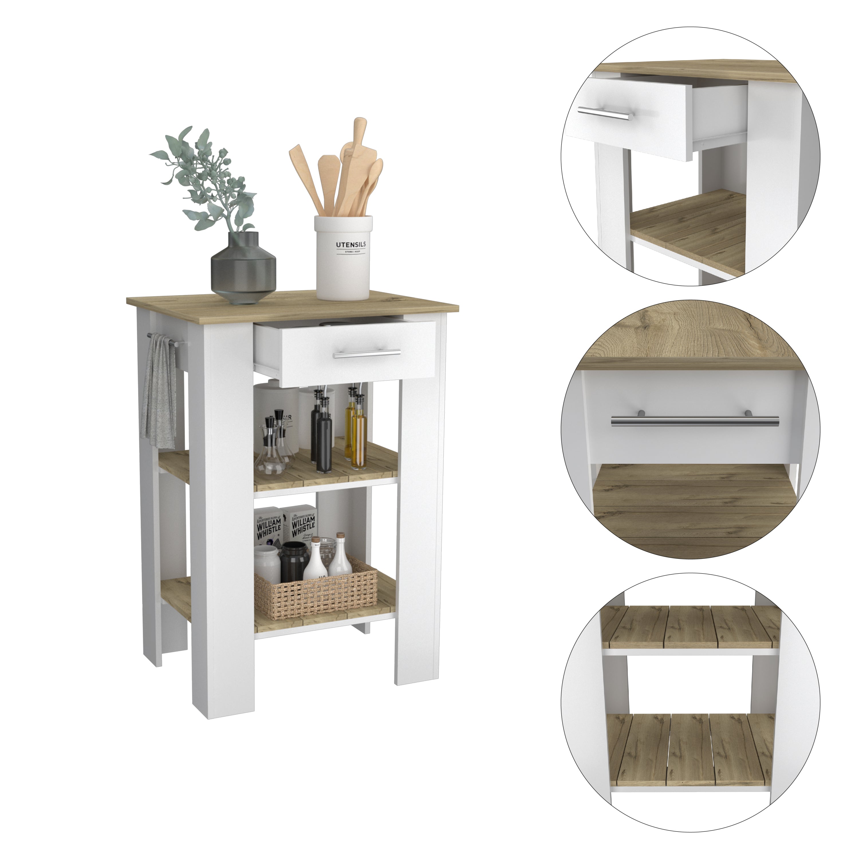 Rockaway 1-Drawer 2-Shelf Kitchen Island White and Light Oak