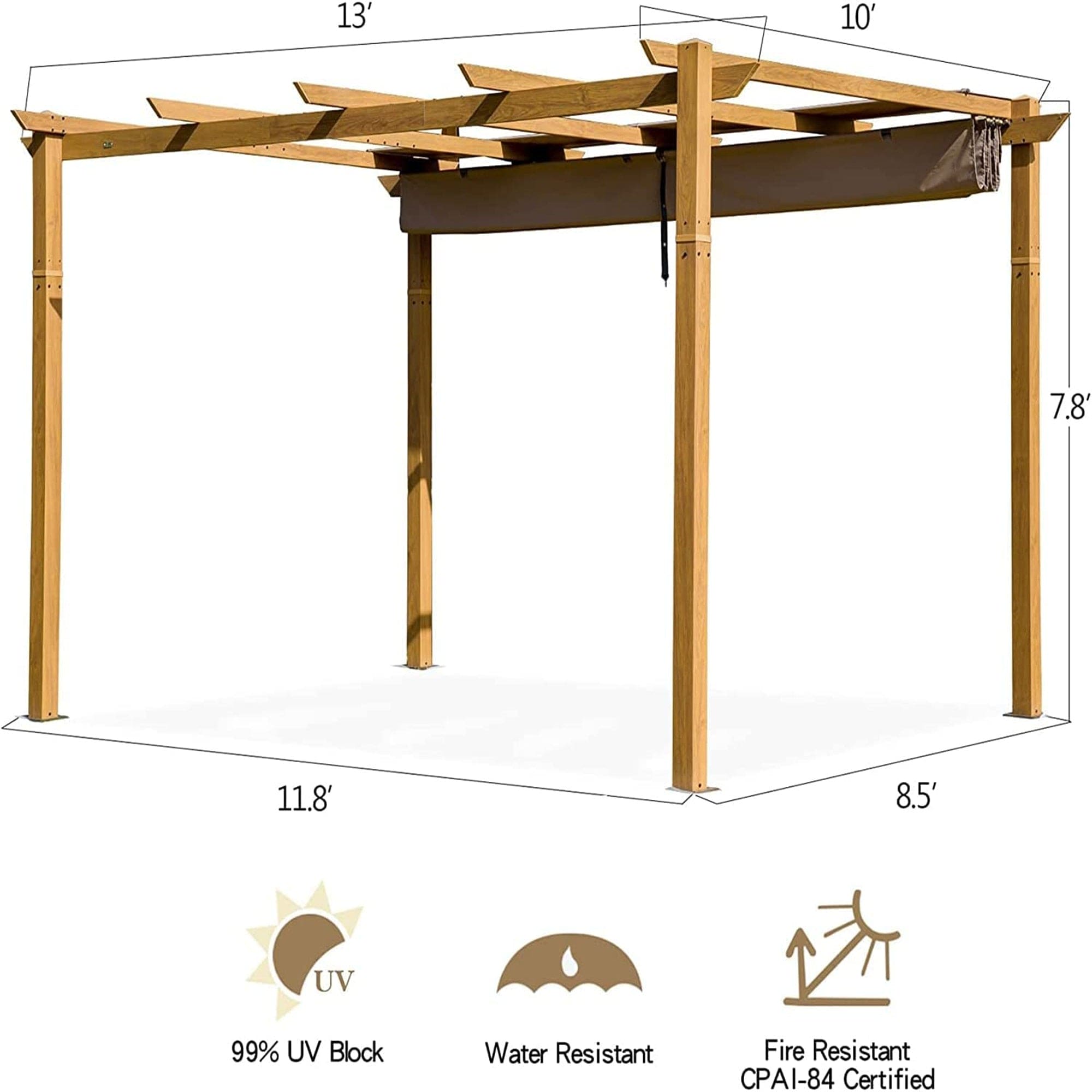 Outdoor Retractable Pergola Garden Pergola Patio Grill Gazebo with Heavy Duty Grape Trellis Sunshade Cover for Courtyard (Teak Coated)