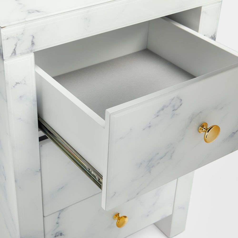 Tempered Glass Nightstand, Marble Nightstand with 3 Drawers,Side Table for Bedroom, Living Room