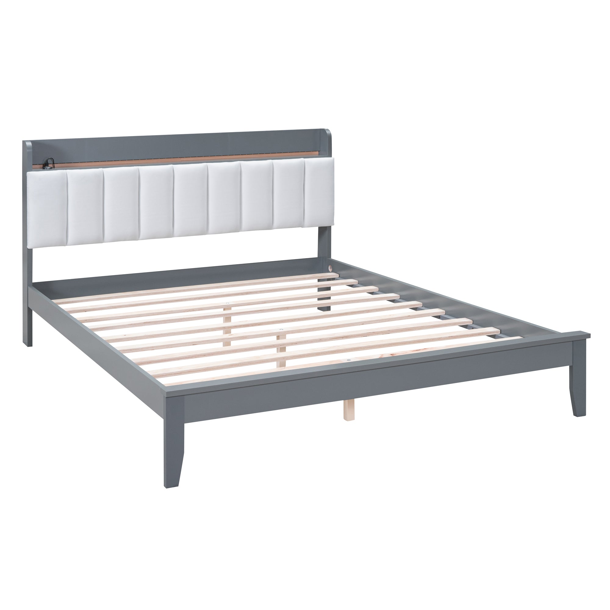 Queen size Platform Bed with USB Charging Station and Storage Upholstered Headboard,LED Bed Frame,No Box Spring Needed,Gray+White