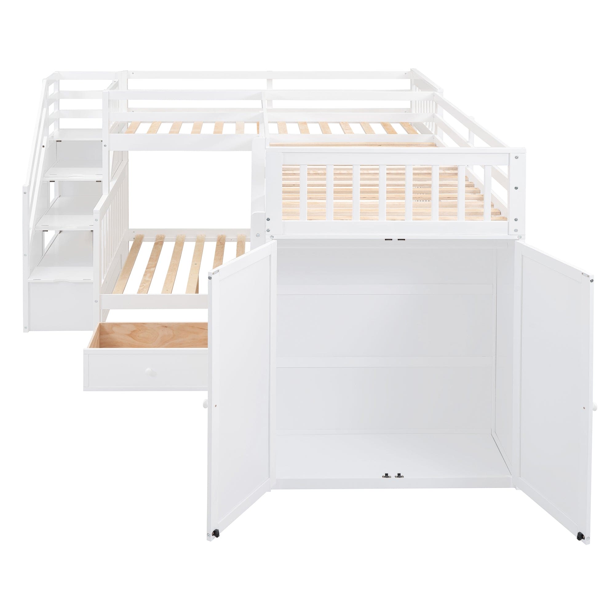 Twin-Twin over Full L-Shaped Bunk Bed With 3 Drawers, Portable Desk and Wardrobe, White