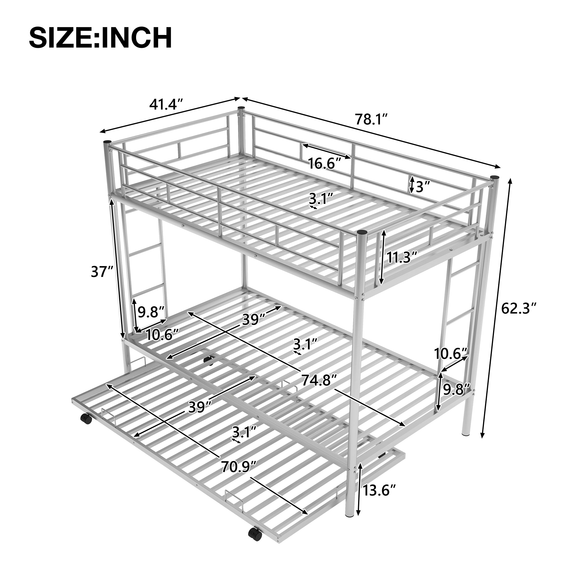 Twin over Twin Bunk Bed with Trundle, Silver(OLD SKU:MF192387AAN)