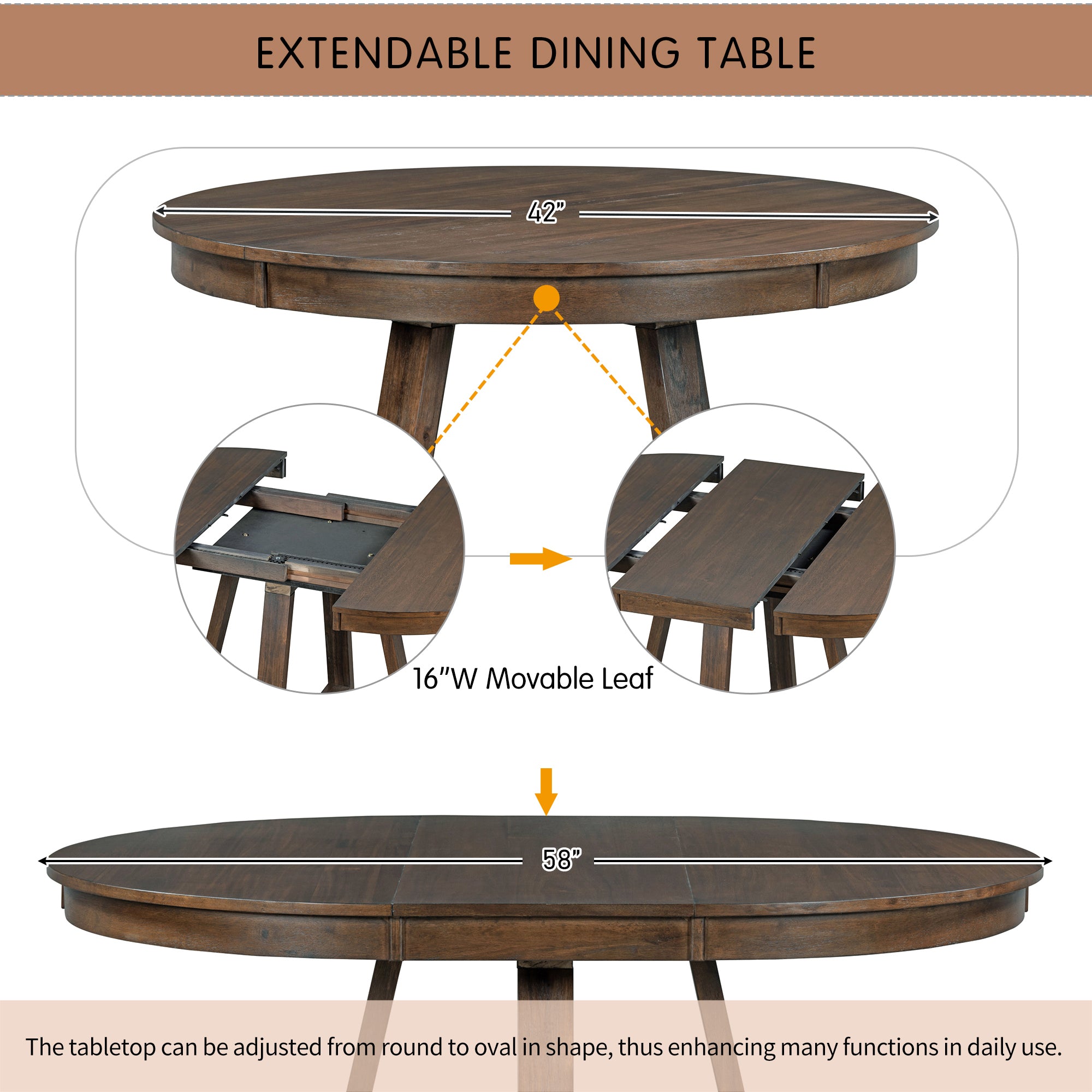 TREXM 5-Piece Retro Functional Dining Set, Round Table with a 16"W Leaf and 4 Upholstered Chairs for Dining Room and Living Room (Walnut)