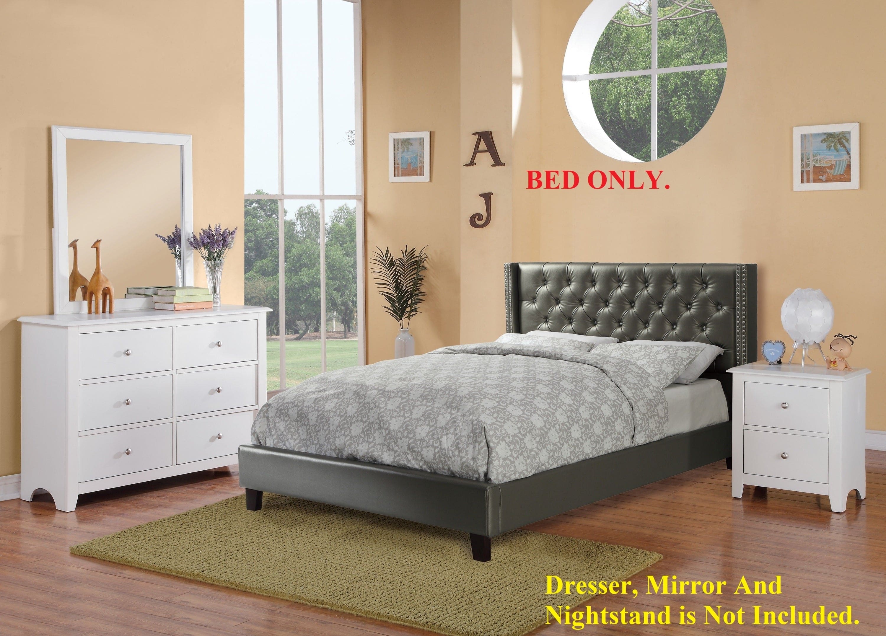 Full Size Bed 1pc  Bed Set Silver Faux Leather Upholstered Tufted Bed Frame Headboard Bedroom Furniture