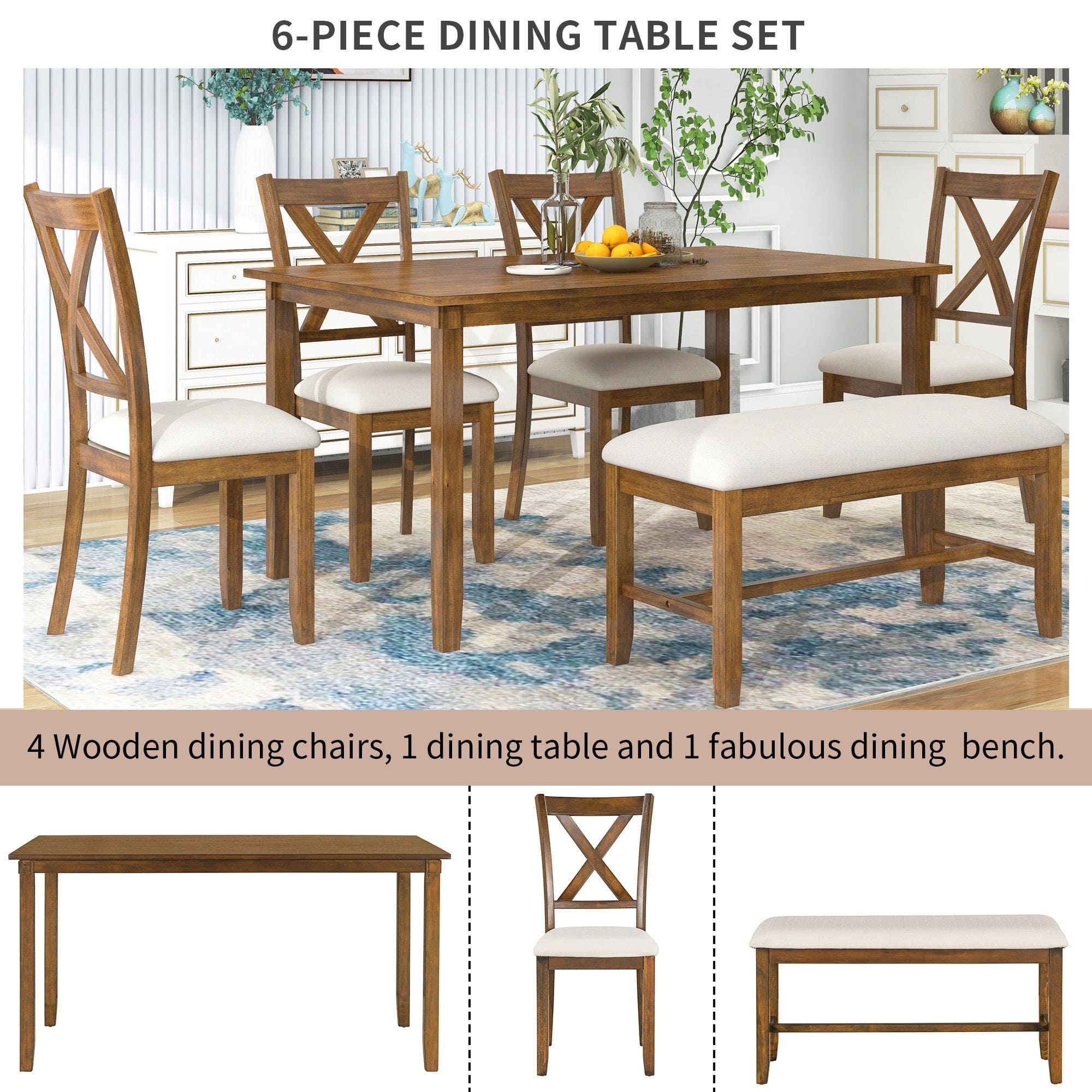 TREXM 6-Piece Kitchen Dining Table Set Wooden Rectangular Dining Table, 4 Fabric Chairs and Bench Family Furniture (Natural Cherry)