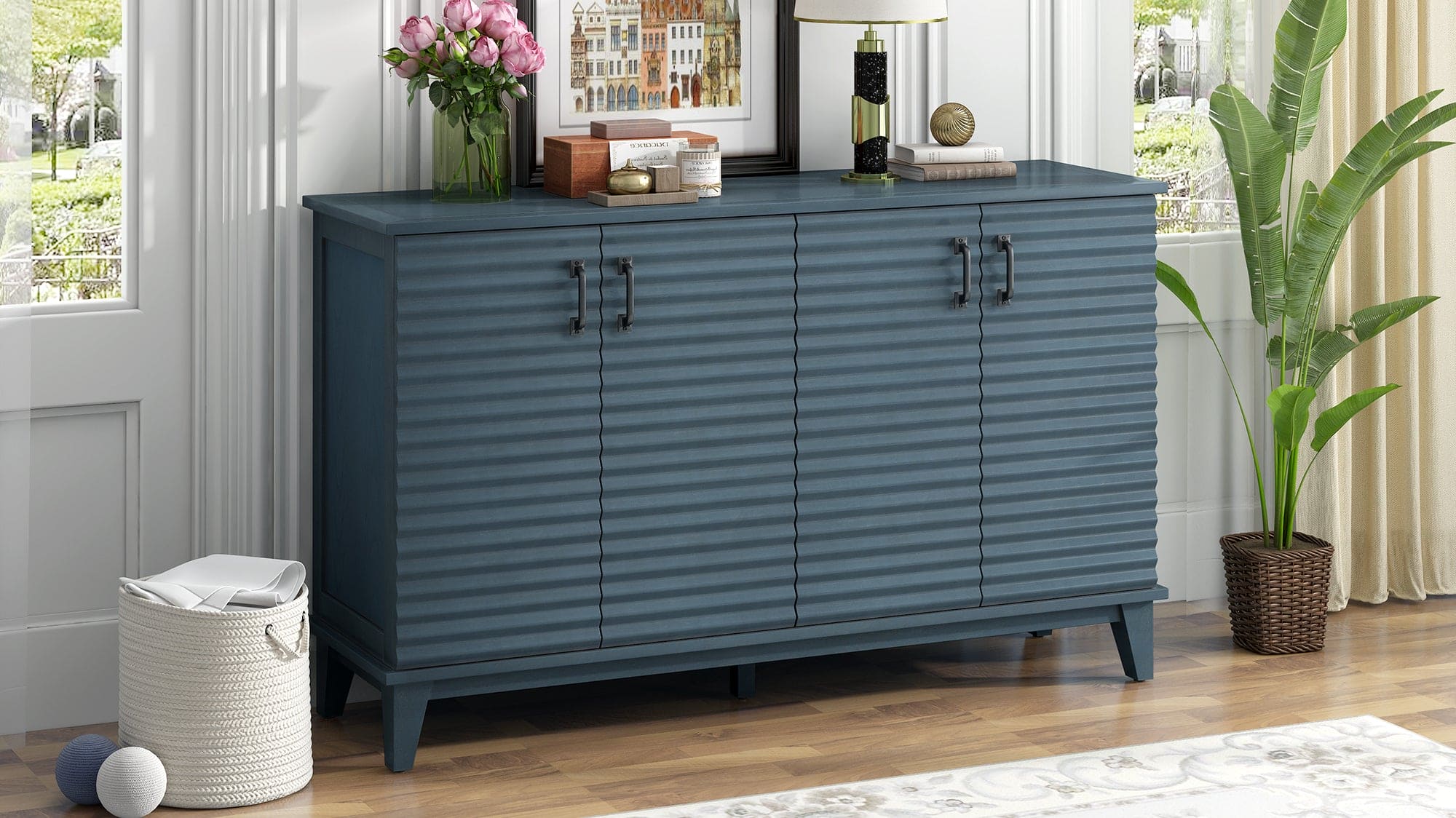 TREXM Sideboard with 4 Door Large Storage Buffet with Adjustable Shelves and Metal Handles for Kitchen, Living Room, Dining Room (Navy)