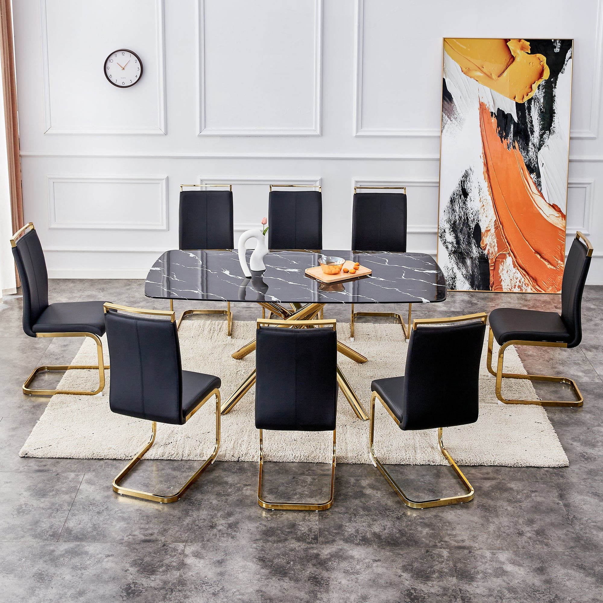 Large modern minimalist rectangular dining table with 0.39 "imitation marble black tabletop and golden metal legs, for Kitchen Dining Living Meeting Room Banquet hall 1537