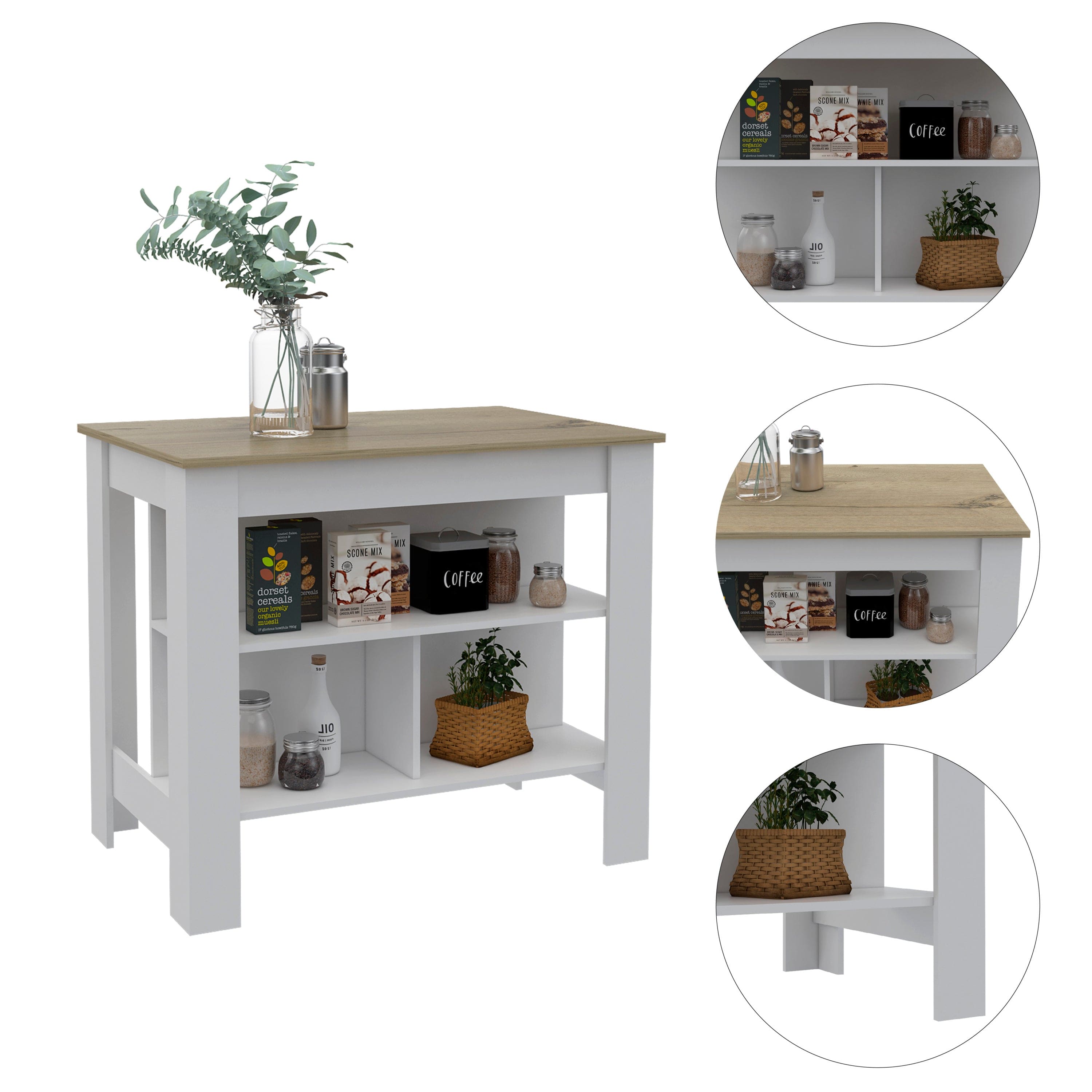 Rockaway 3-Shelf Kitchen Island White and Light Oak