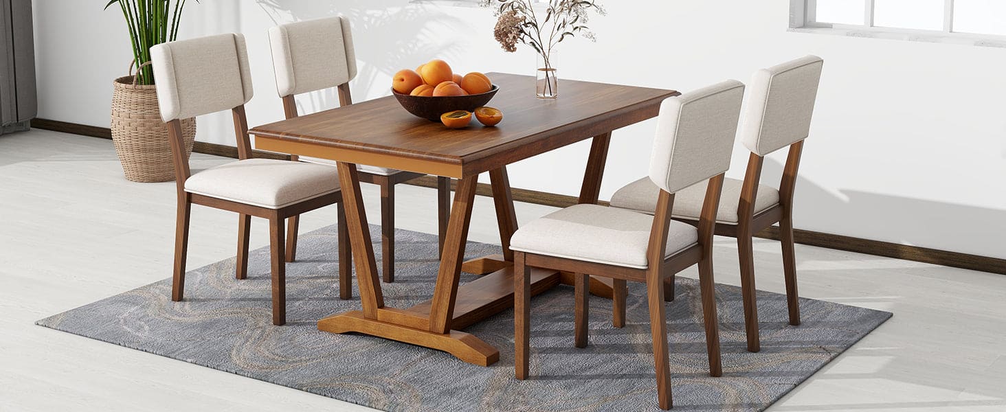 TOPMAX Rustic 5-piece Dining Table Set with 4 Upholstered Chairs, 59-inch Rectangular Dining Table with Trestle Table Base, Walnut