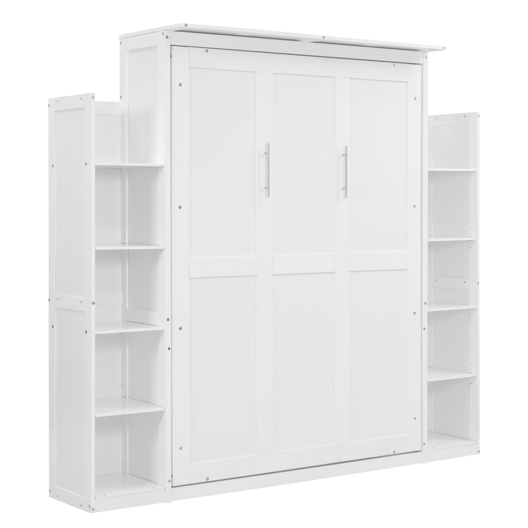 Full Size Murphy Bed Wall Bed with Shelves and LED Lights,White