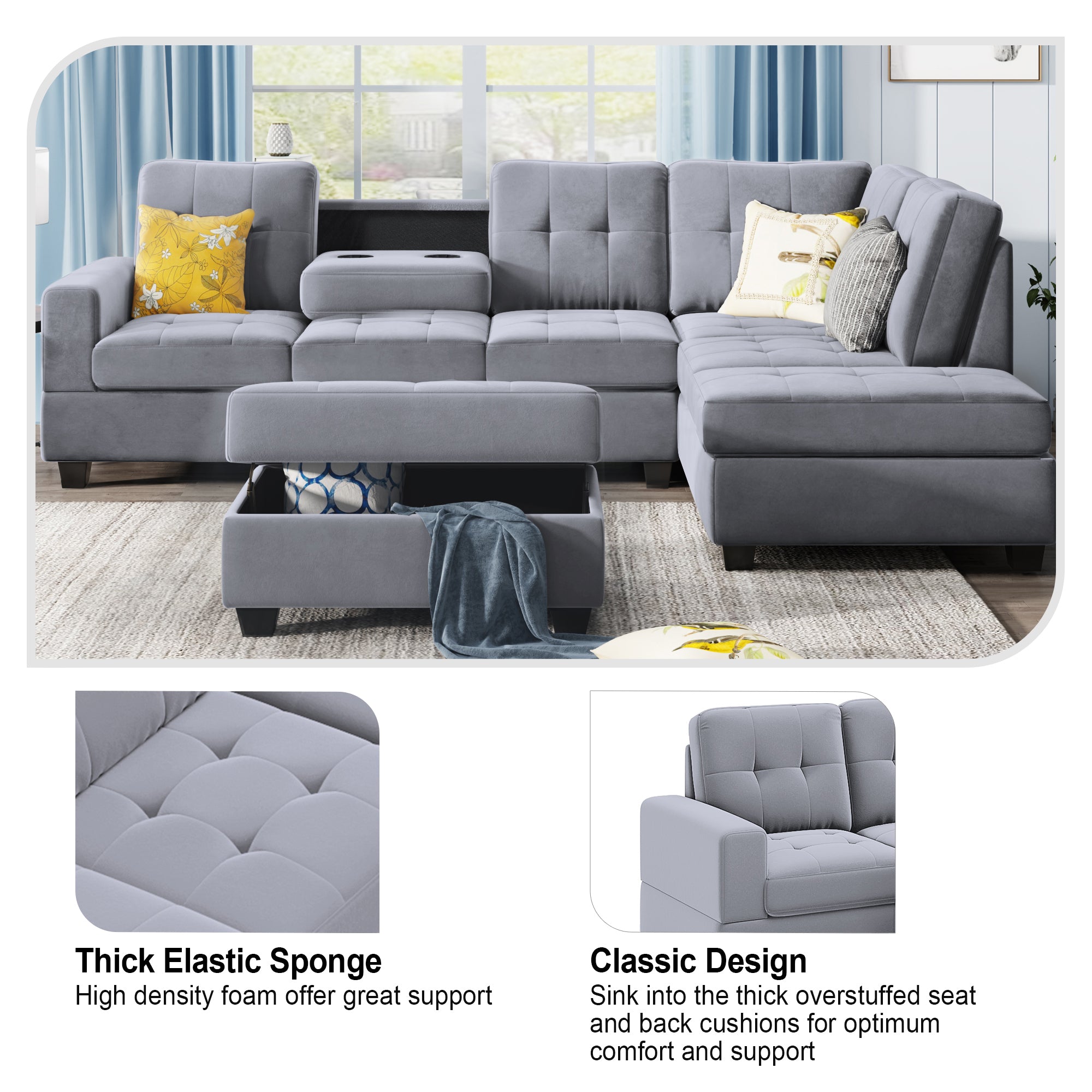 Orisfur. Sectional Sofa with Reversible Chaise Lounge, L-Shaped Couch with Storage Ottoman and Cup Holders