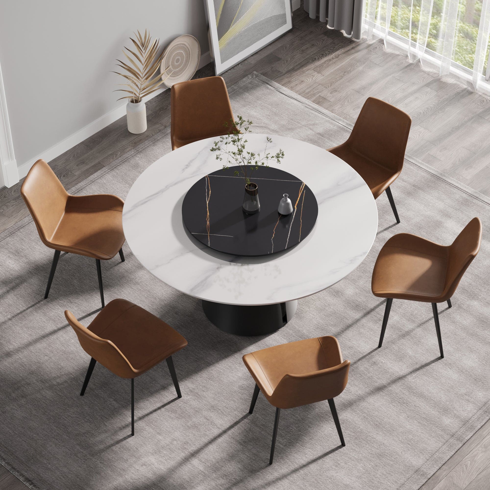 59.05"Modern artificial stone round black carbon steel base dining table-can accommodate 6 people-31.5"black artificial stone turntable