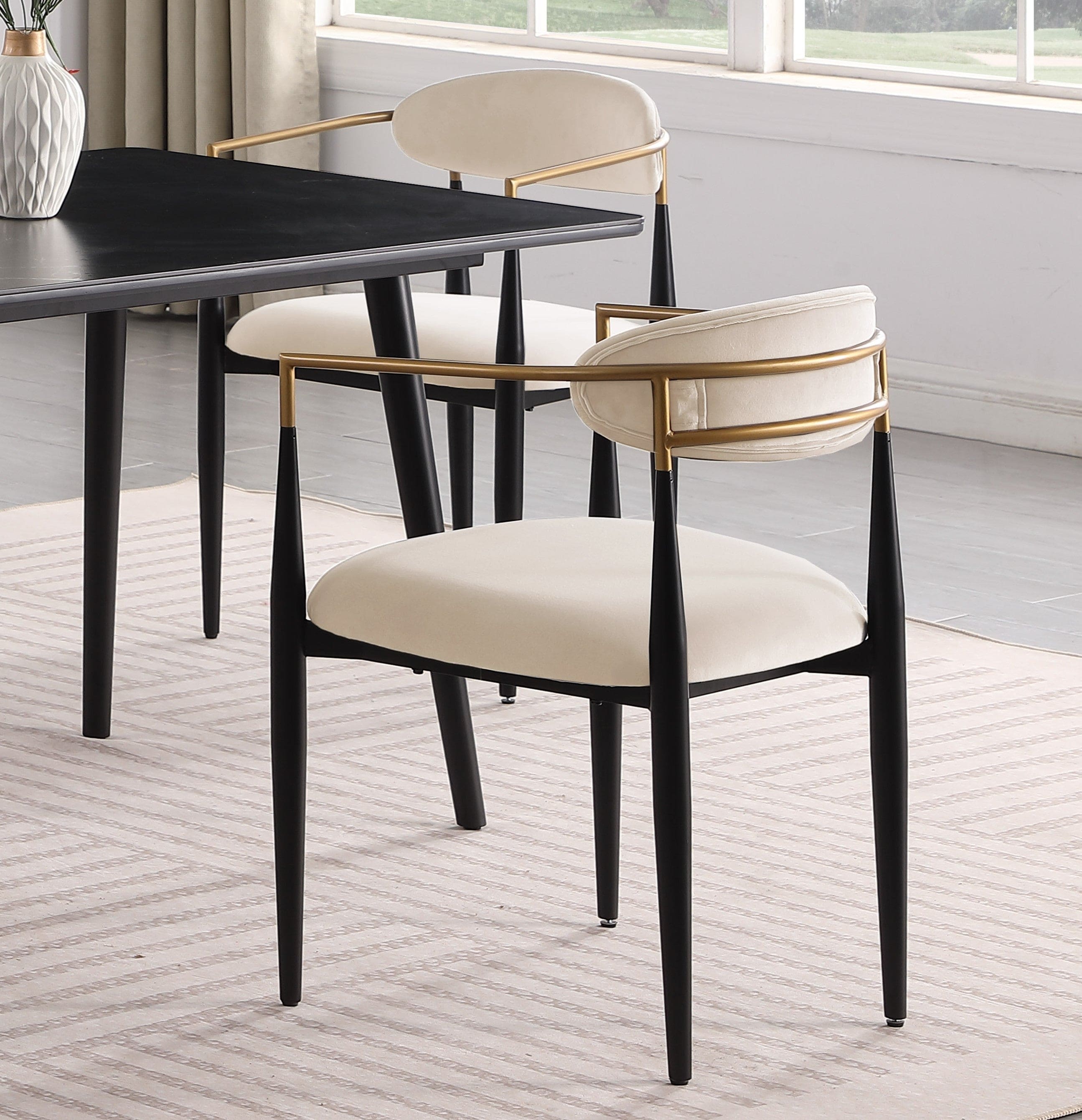 Modern Contemporary 5pc Dining Set Black Sintered Stone Table and Taupe Chairs Fabric Upholstered Stylish Furniture