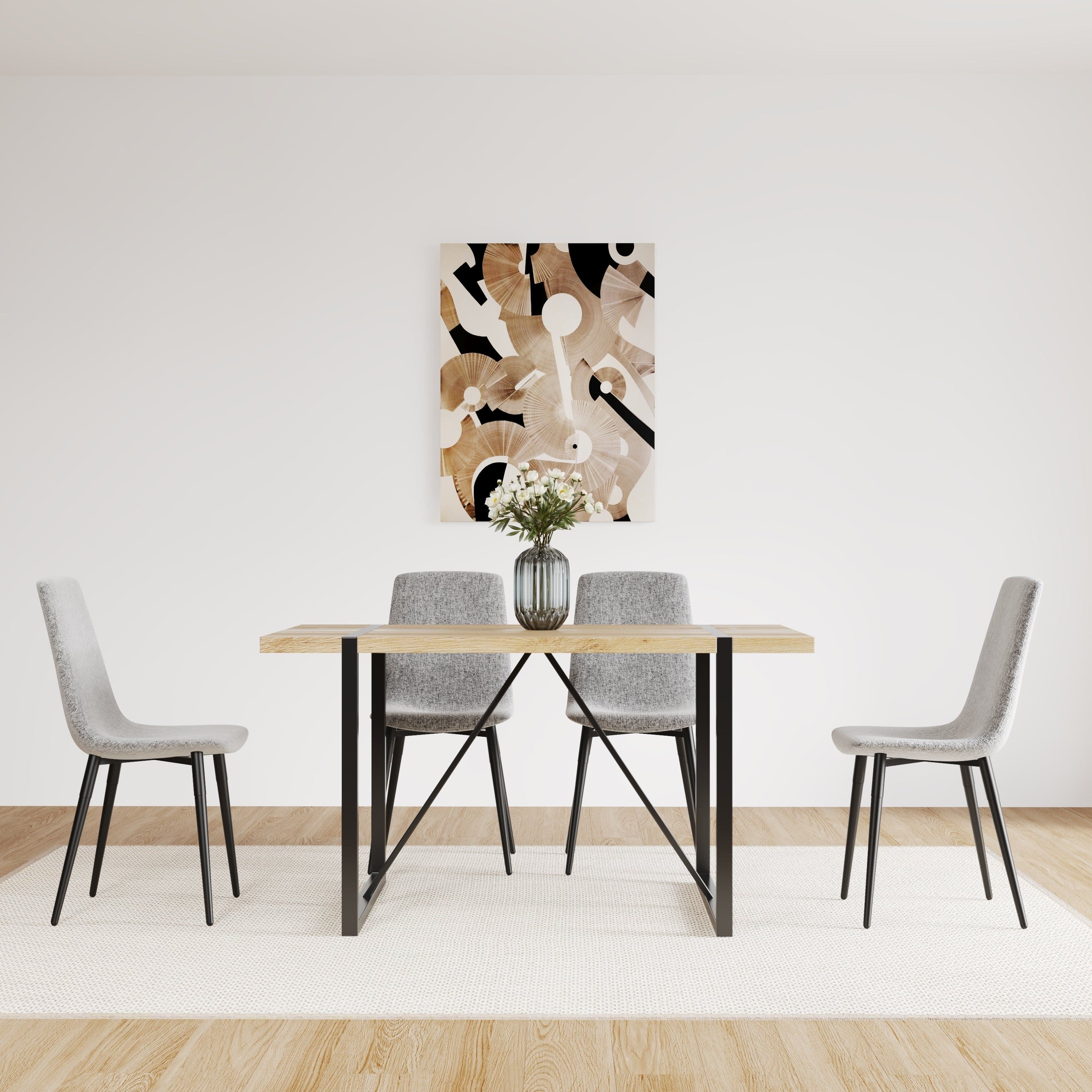 MDF Wood Colour Dining Table and Modern Dining Chairs Set of 4, Mid Century Wooden Kitchen Table Set, Metal Base & Legs, Dining Room Table and Linen Chairs