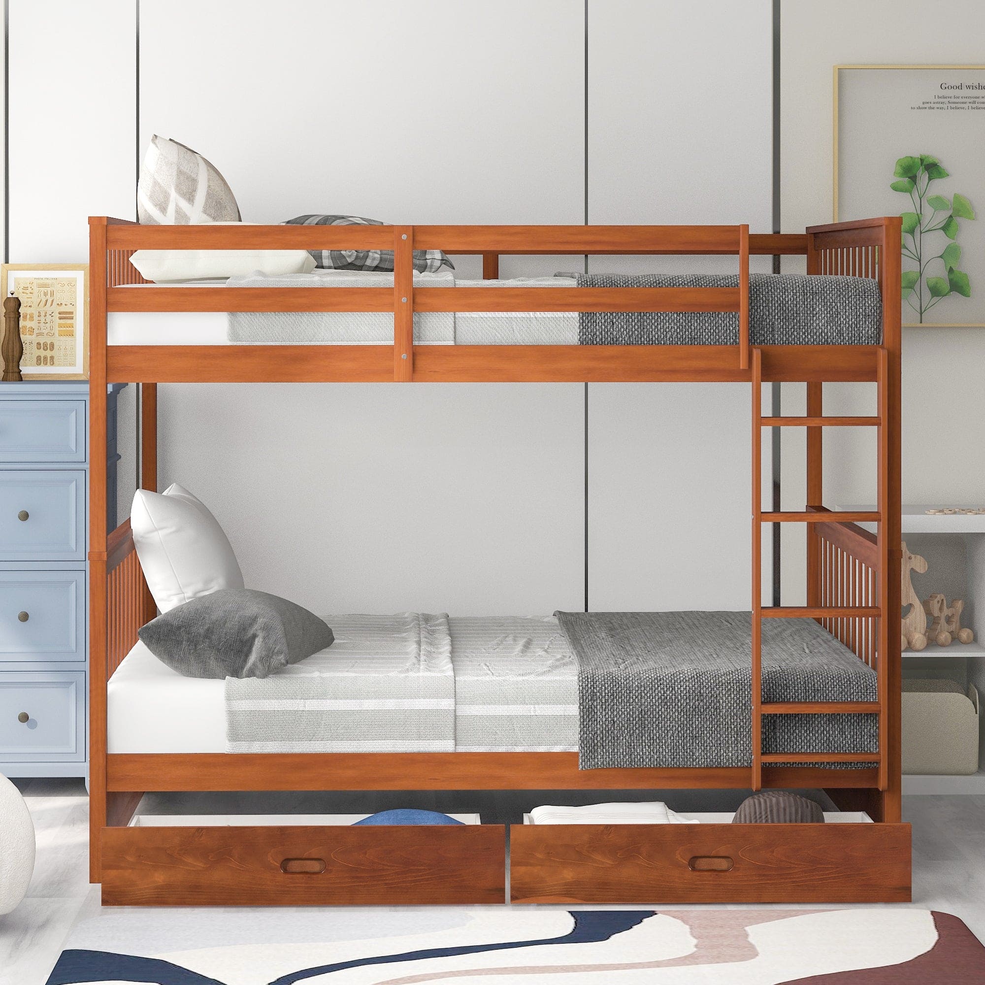 Full-Over-Full Bunk Bed with Ladders and Two Storage Drawers (Walnut)(OLD SKU:LT000365AAD)