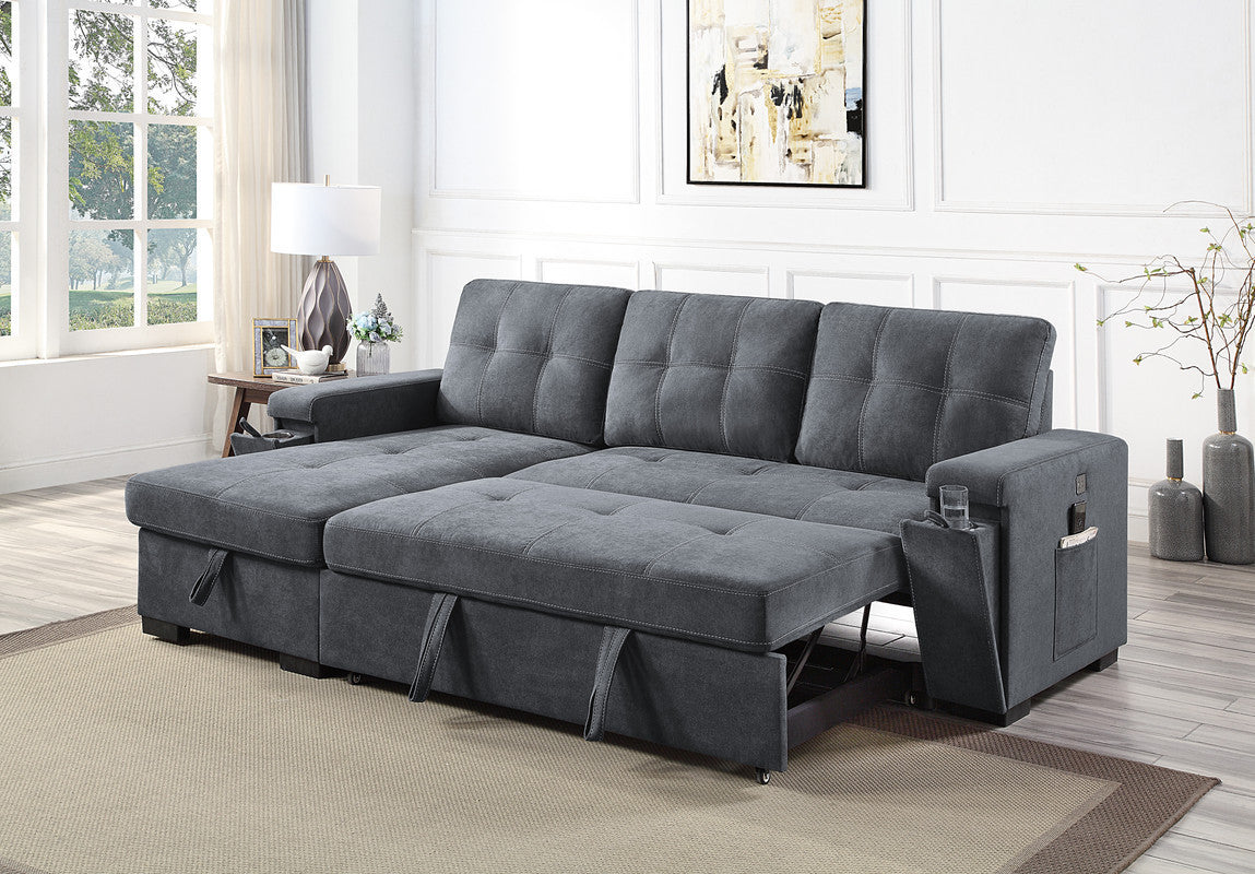 Toby Gray Woven Fabric Reversible Sleeper Sectional Sofa with Storage Chaise Cup Holder USB Ports and Pockets