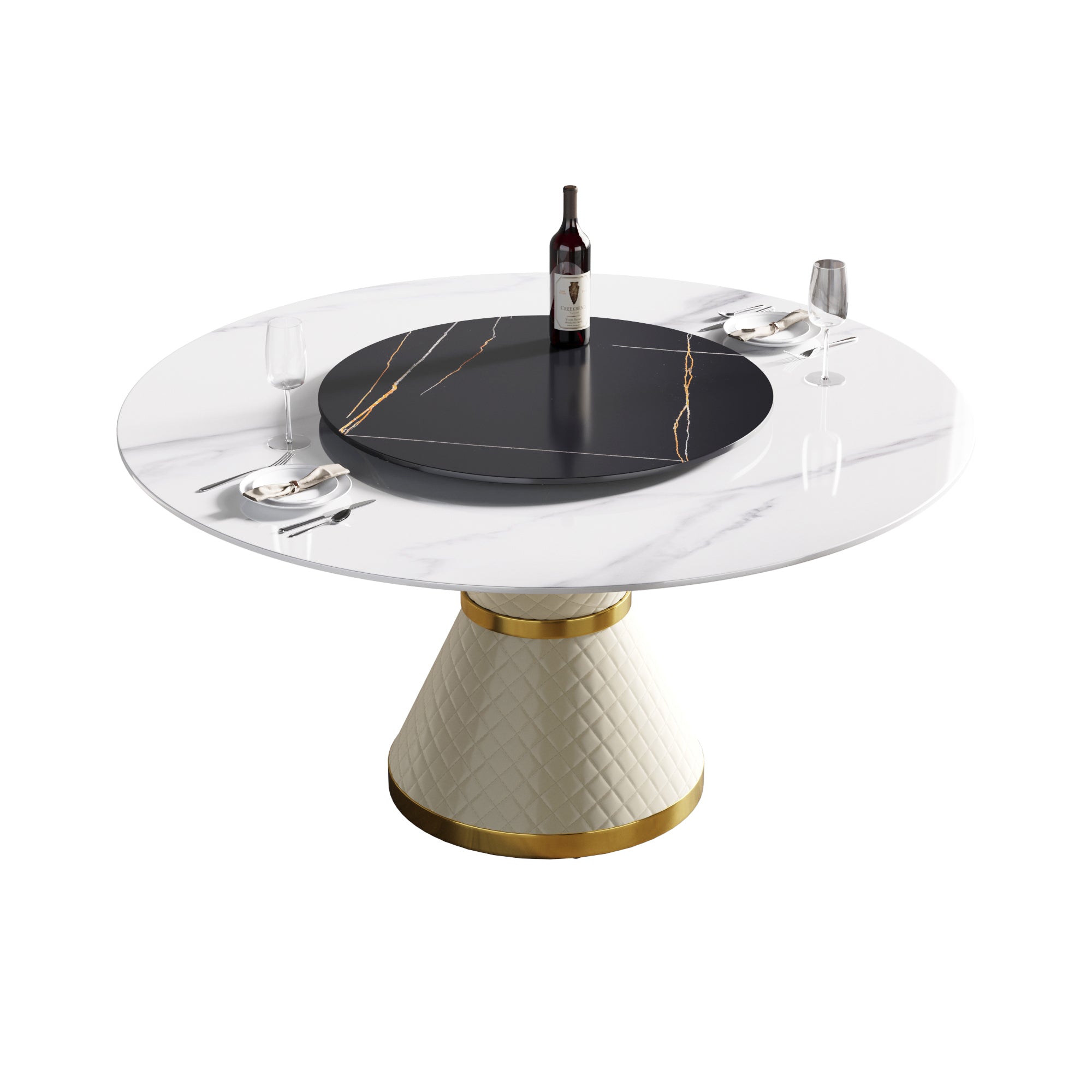 59.05"Modern artificial stone round white carbon steel base dining table-can accommodate 6 people-31.5"black artificial stone turntable