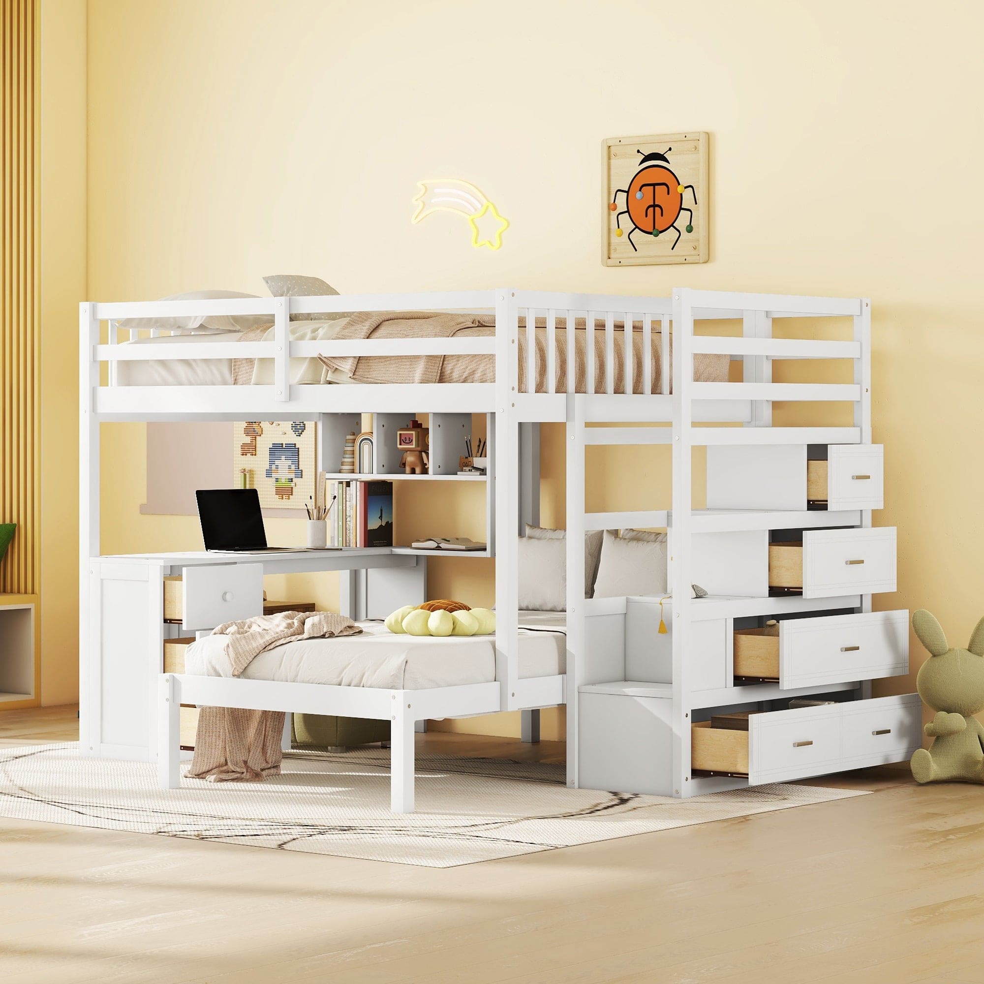 Full Over Twin Bunk Bed with Desk, Drawers and Shelves, White