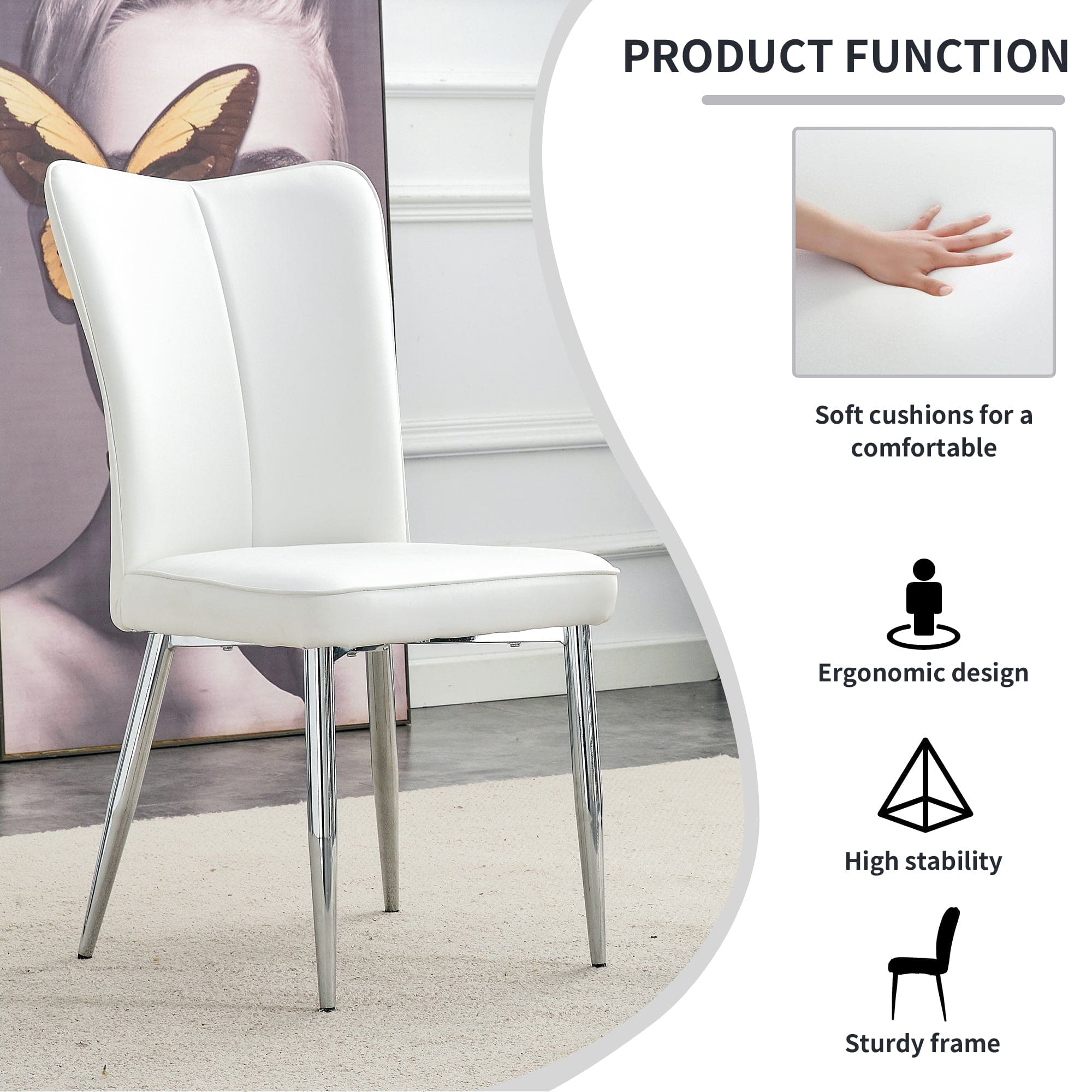 Modern minimalist dining chairs, office chairs. 4-piece set of white PU seats with silver metal legs. Suitable for restaurants, living rooms, and offices. C-008